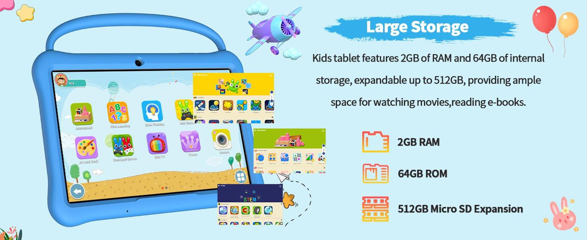 PRITOM Android 13 Tablet für Kinder, 10 Zoll Octa-Core, 64 GB RAM, 1 TB TF-Karte erweiterbar, Kindersicherung, Dual-Kamera, WLAN
