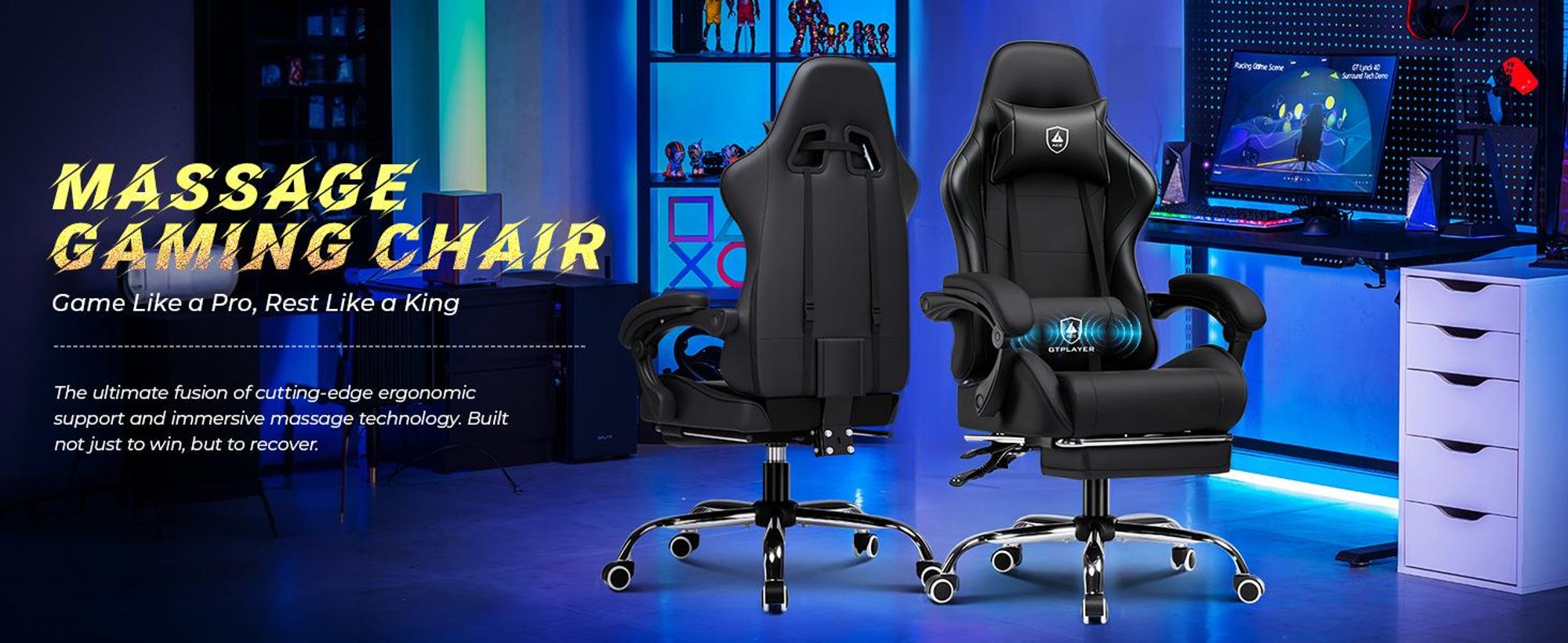 GTPLAYER Herní židle Gamer Armchair - Ergonomická herní židle s bederní opěrkou Výškově nastavitelná polstrovaná herní židle 150 Kg, černá