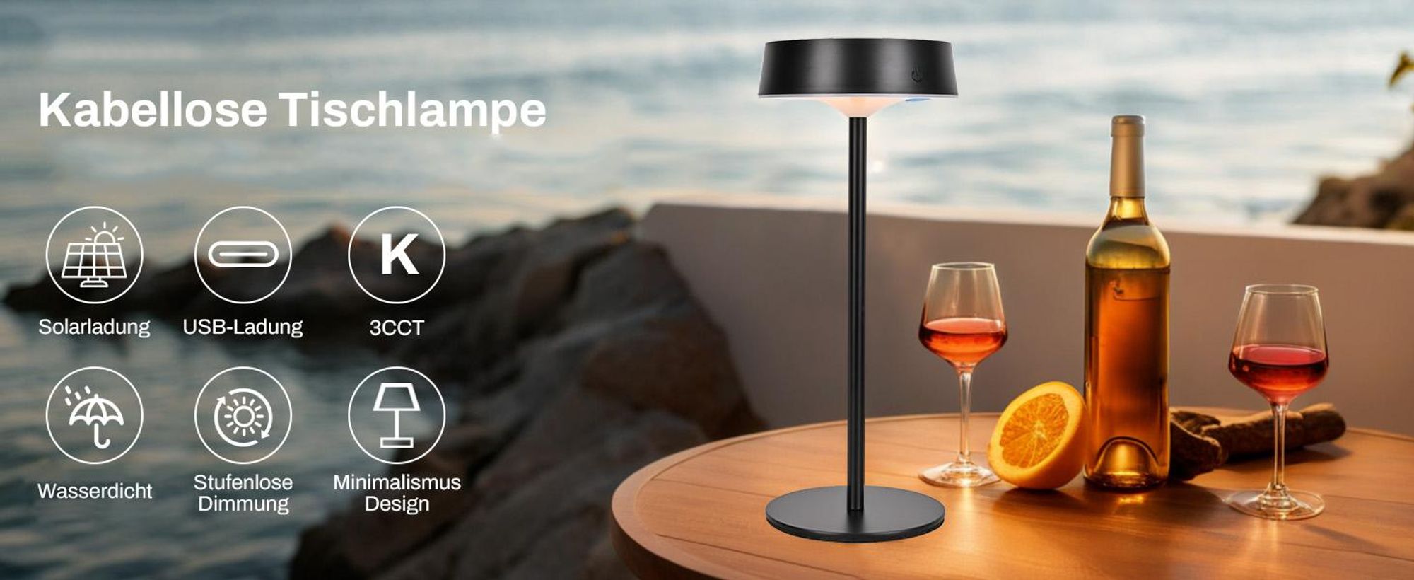 LED Tischlampe Solar Wiederaufladbar Kabellos Tischleuchte 3 Farbtemperaturen Dimmbar Touch Schalter Wasserdicht für Innen Aussen, Schwarz