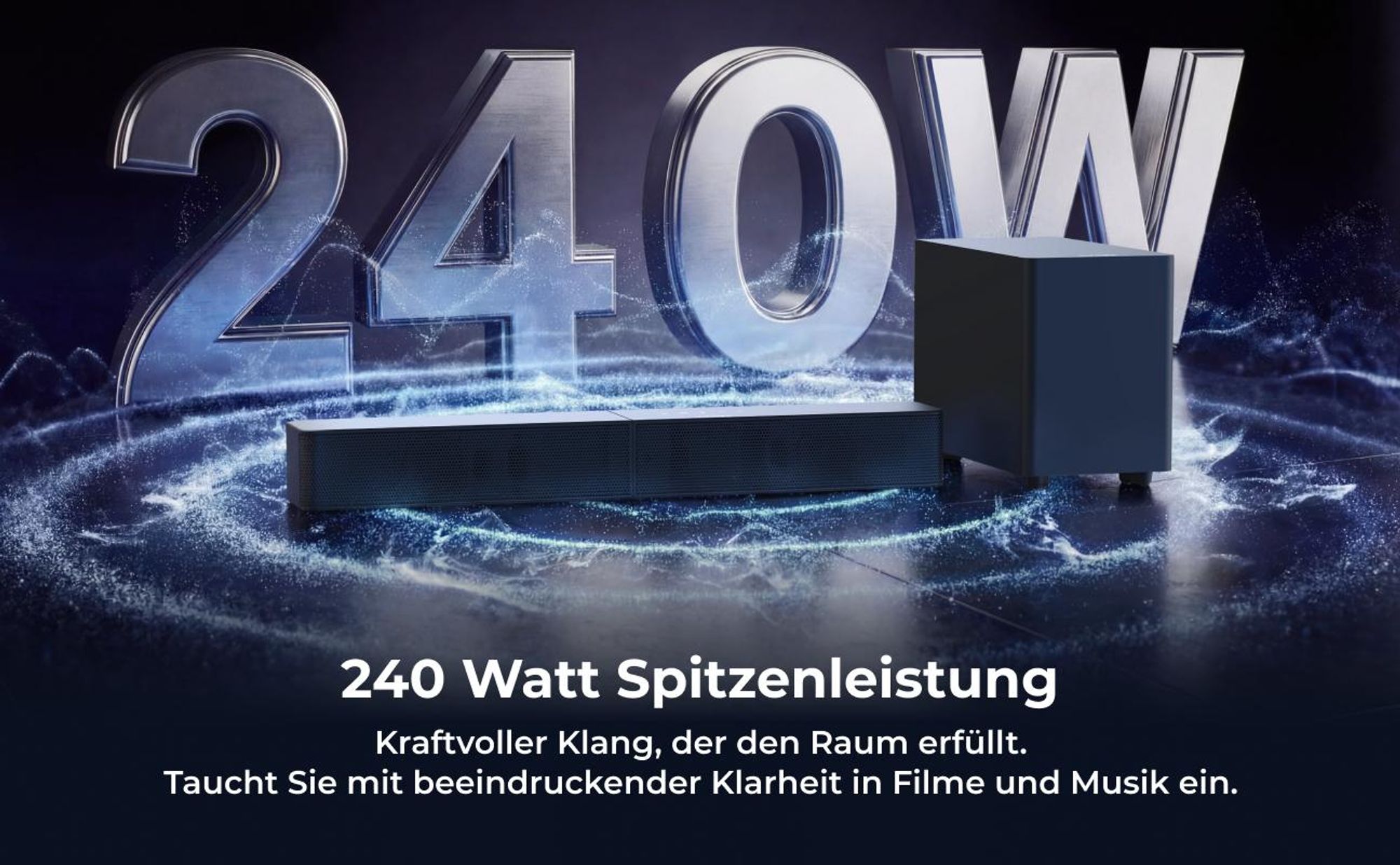 ULTIMEA 2.1-Kanal Soundbar mit kabellosem Subwoofer, 240 W Spitzenleistung, VoiceMX & BassMX, App-Steuerung, HDMI, Bluetooth® 6.0, Poseidon R3T