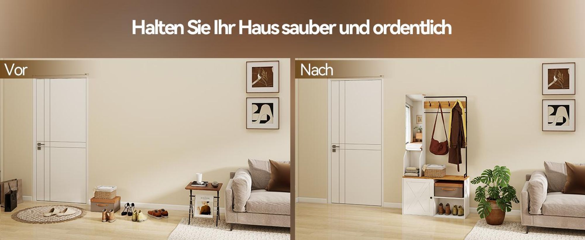 Puluomis Garderobe mit Spiegel & Schuhbank, Multifunktions-Kleiderständer mit Aufbewahrungsregal, 4 Doppelhaken, verstellbarem Schuhregal, 90cm weiß