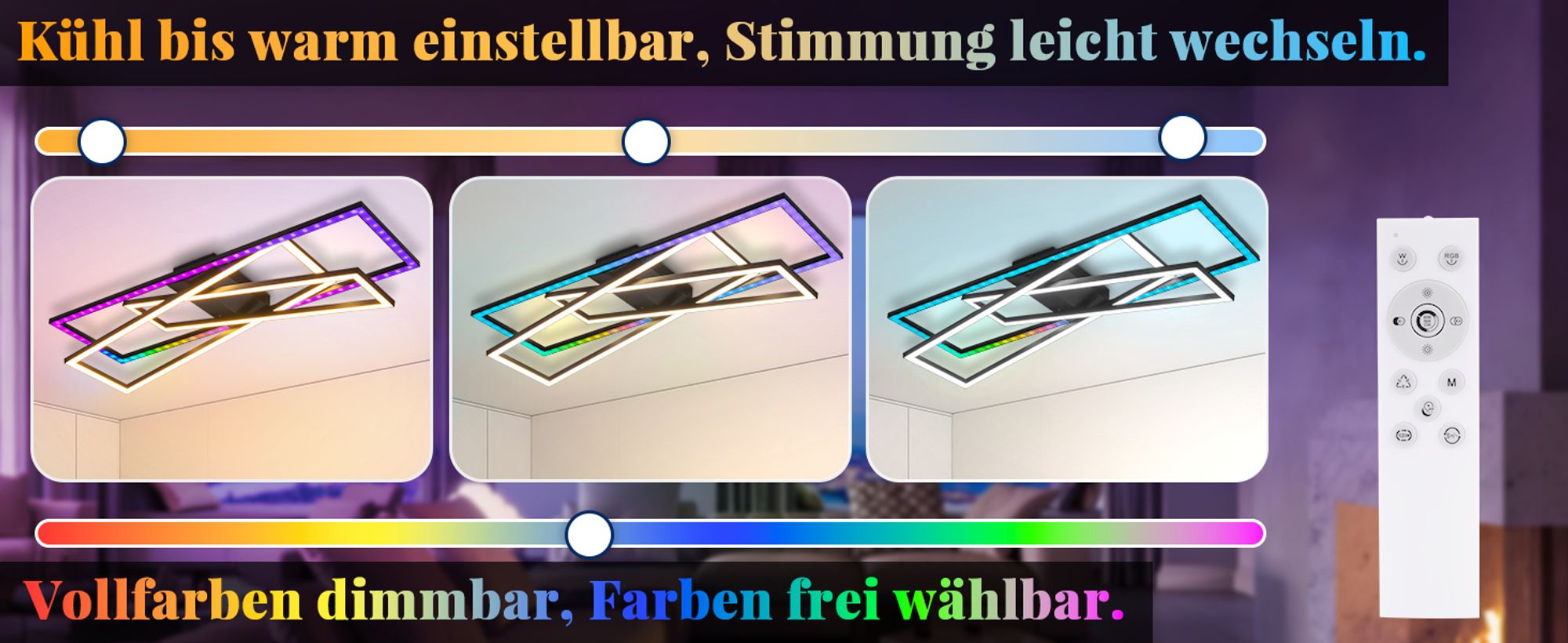 ZMH Deckenlampe LED Deckenleuchte RGB Dimmbar mit Fernbedienung Wohnzimmer 36W Schwarz Schlafzimmerlampe Farbwechsel Modern Flur Deckenleuchten