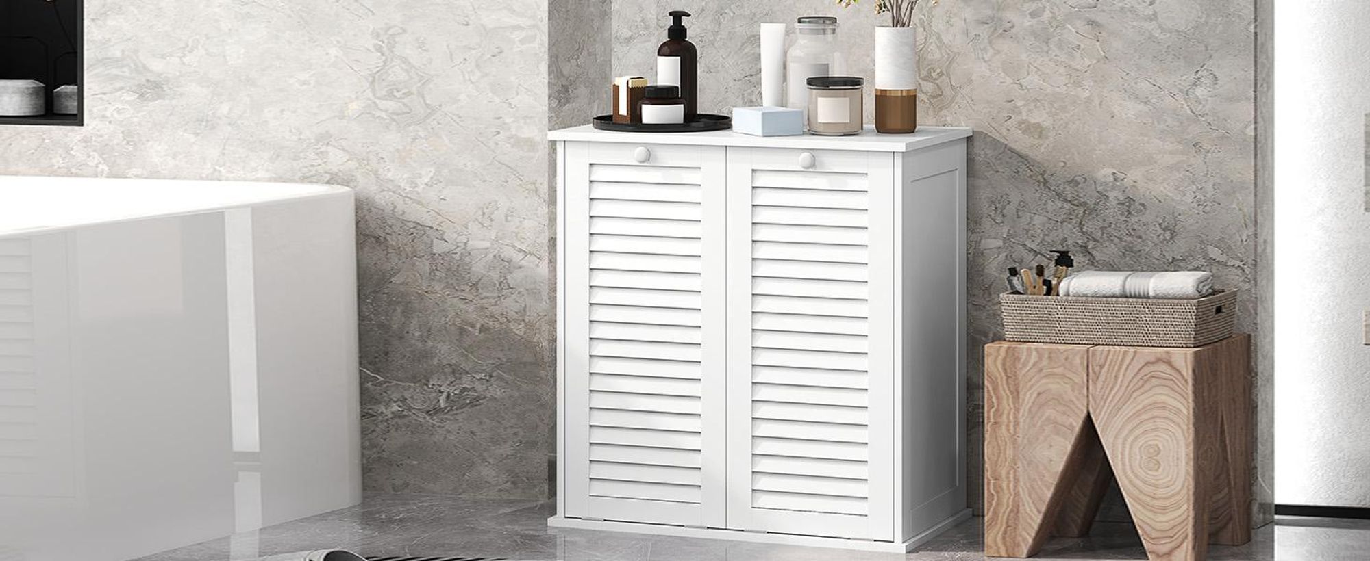 HOMCOM Wäscheschrank, Badschrank mit 2 Wäschekörben, Griffen, Lamellentüren Weiß