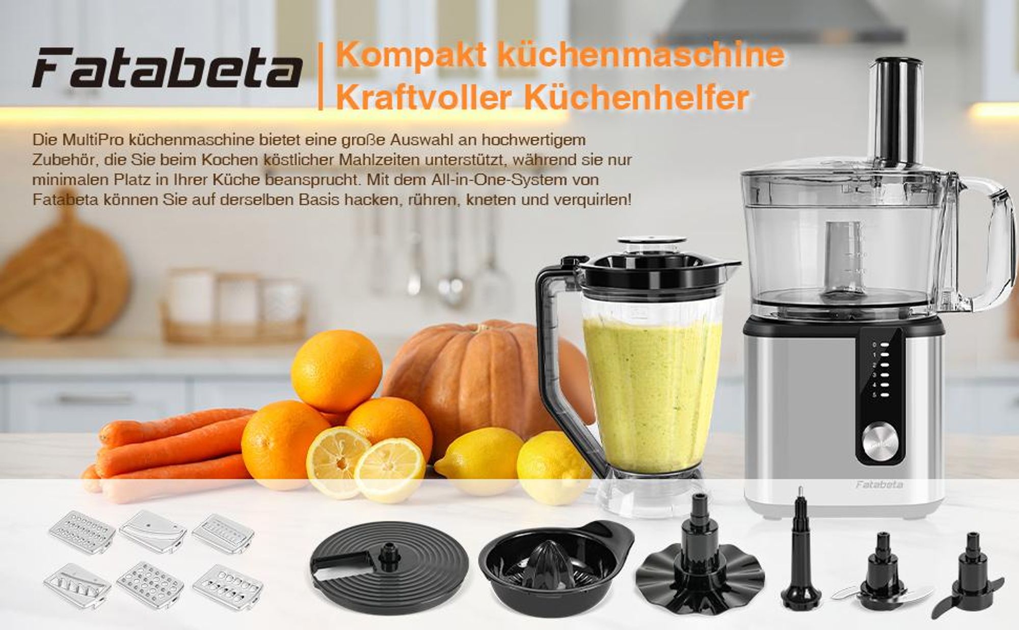 7MAGIC Küchenmaschine 750W, Küchenmaschine Multifunktions,9 Funktionen Food Chopper Prozessor, 1,2L Bowl &1,8L Behälter, Mini-Zerkleinerer, Upgrade Schneidescheibe, Zitruspresse, Knethacken