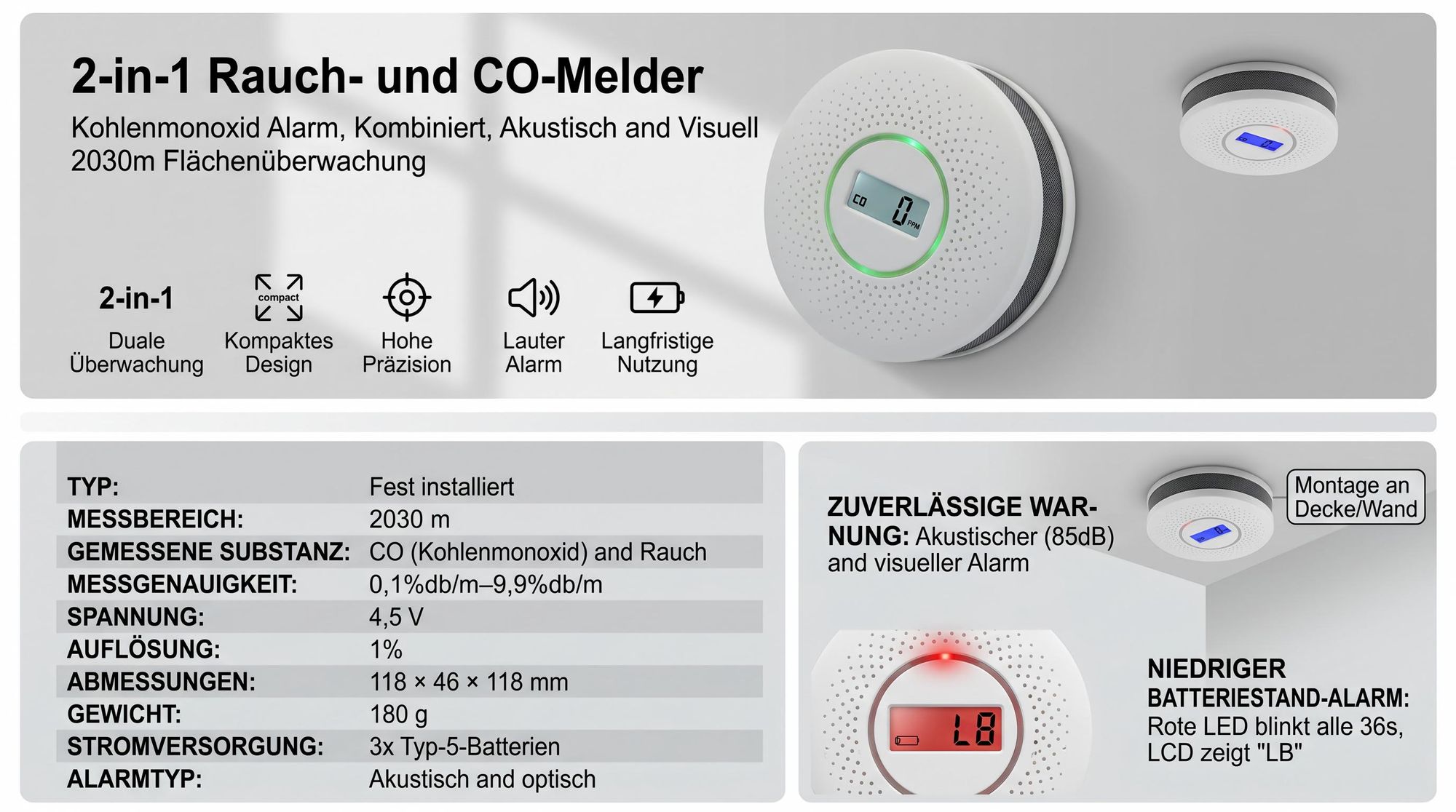 2-in-1 Rauch- und CO-Melder, Kohlenmonoxid Alarm, Kombiniert, Akustisch & Visuell, 2030m