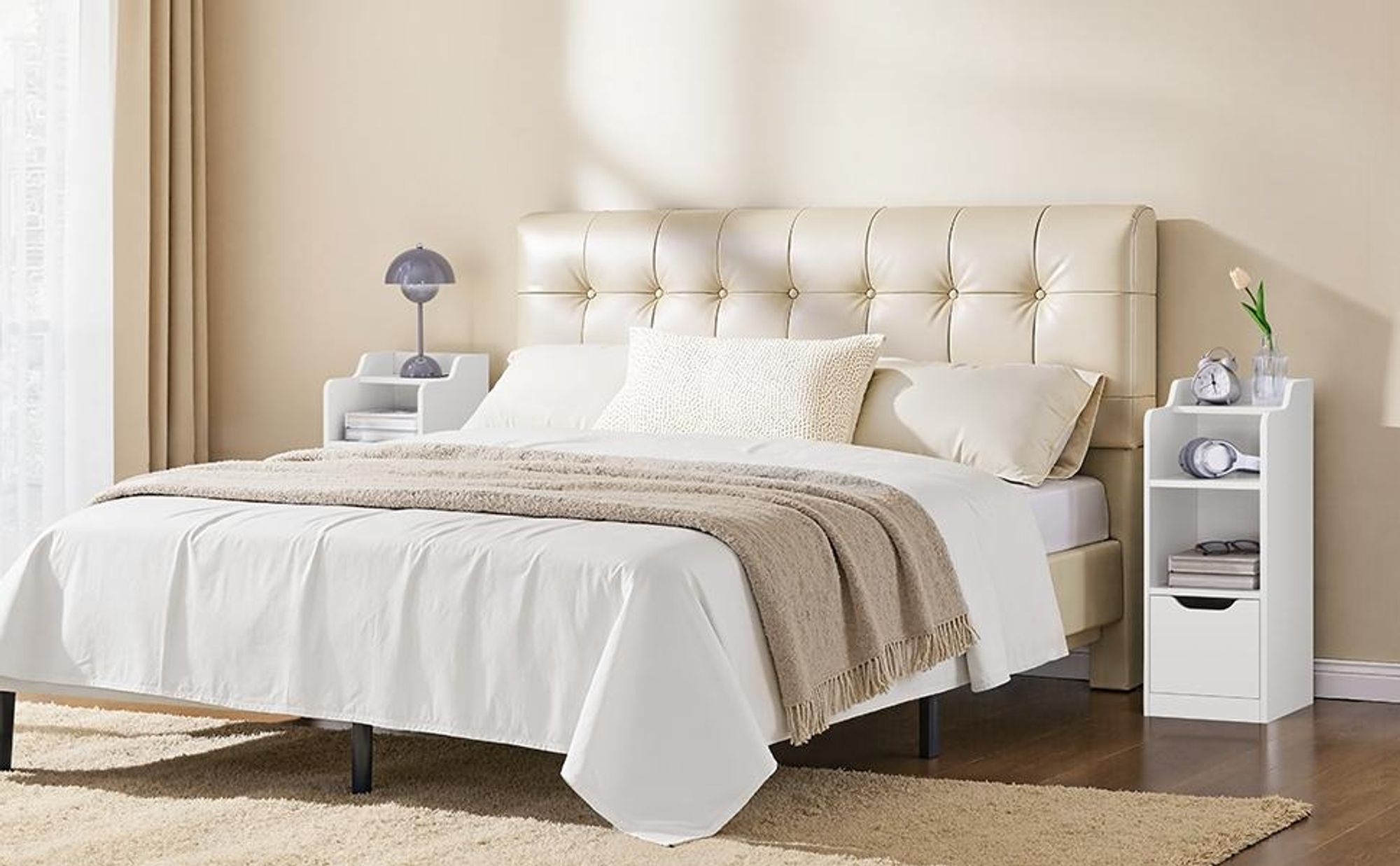 Yaheetech 2er Set Nachttisch 25 cm schmaler Beistelltisch mit Schublade, moderne Nachtkonsole mit 2 Staufächern, Weiß