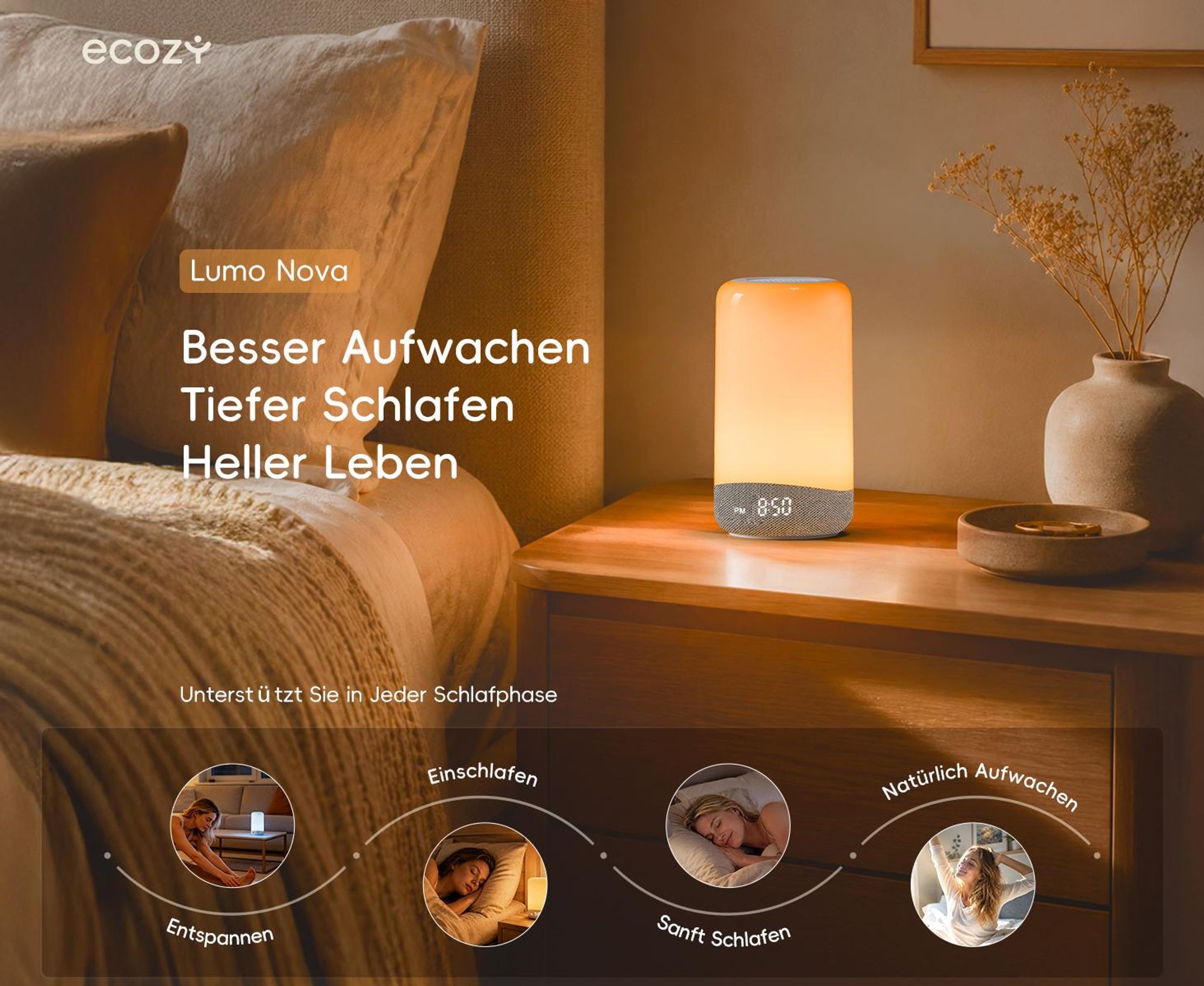 ecozy Tageslichtwecker 3-in-1 Lichtwecker Sonnenaufgangssimulation, Weißes Rauschen, Nachtlicht, mit 26 Klängen, 17 Lichteffekten und App-Steuerung