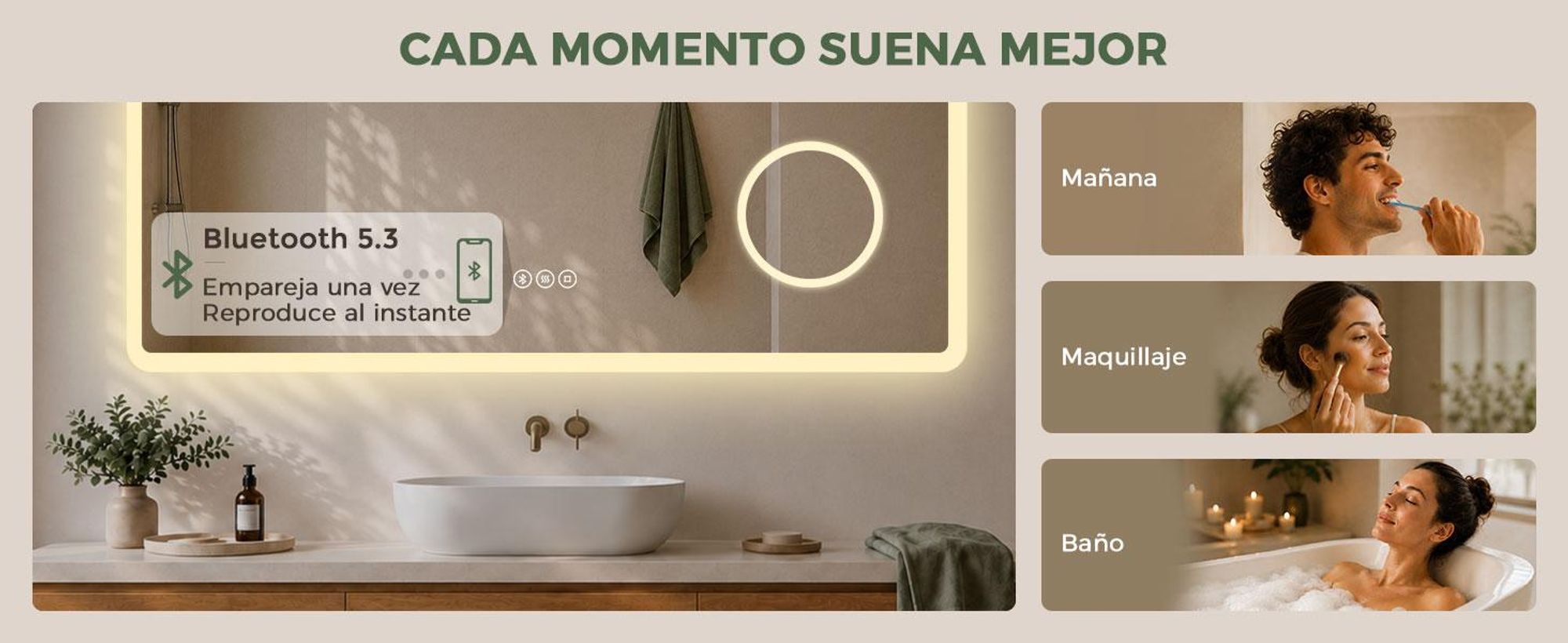 S'AFIELINA Espejo baño LED con Bluetooth 5.3, 120 × 60 cm, Espejo de aumento 3×, antivaho, 3 colores, regulable, táctil & memoria