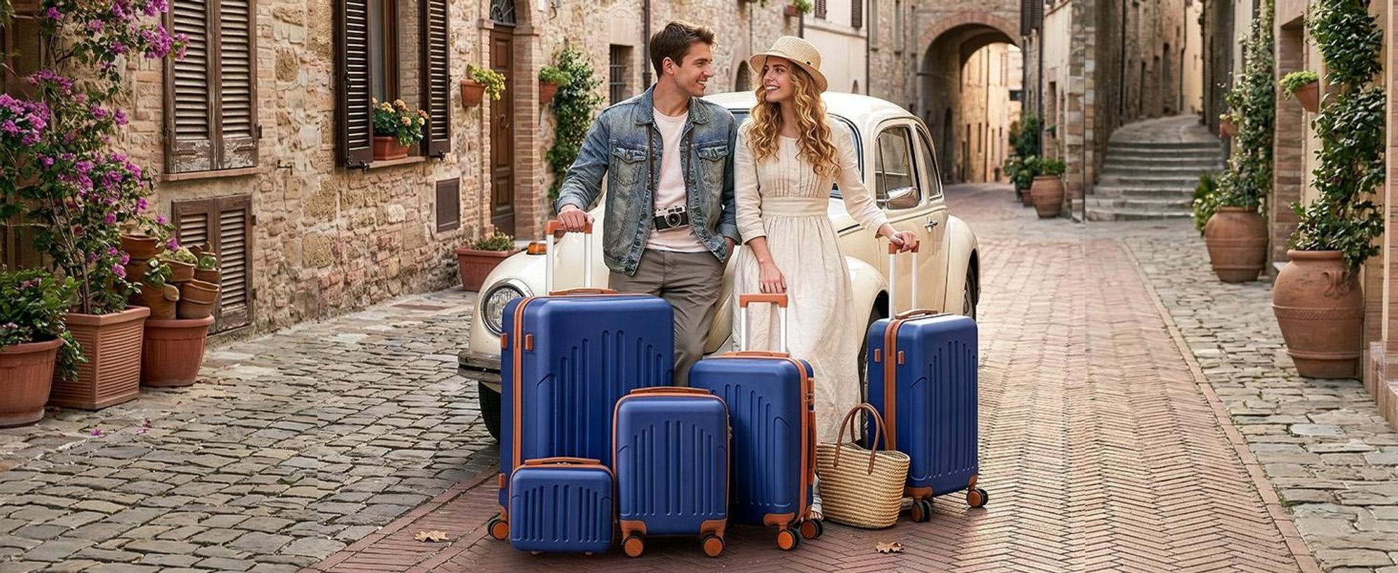 FCH Kofferset, 5tlg. Hartschalen Reisekoffer & Trolley Set S-M-L-XL + Handtasche, 360° Rollen, Dunkelblau