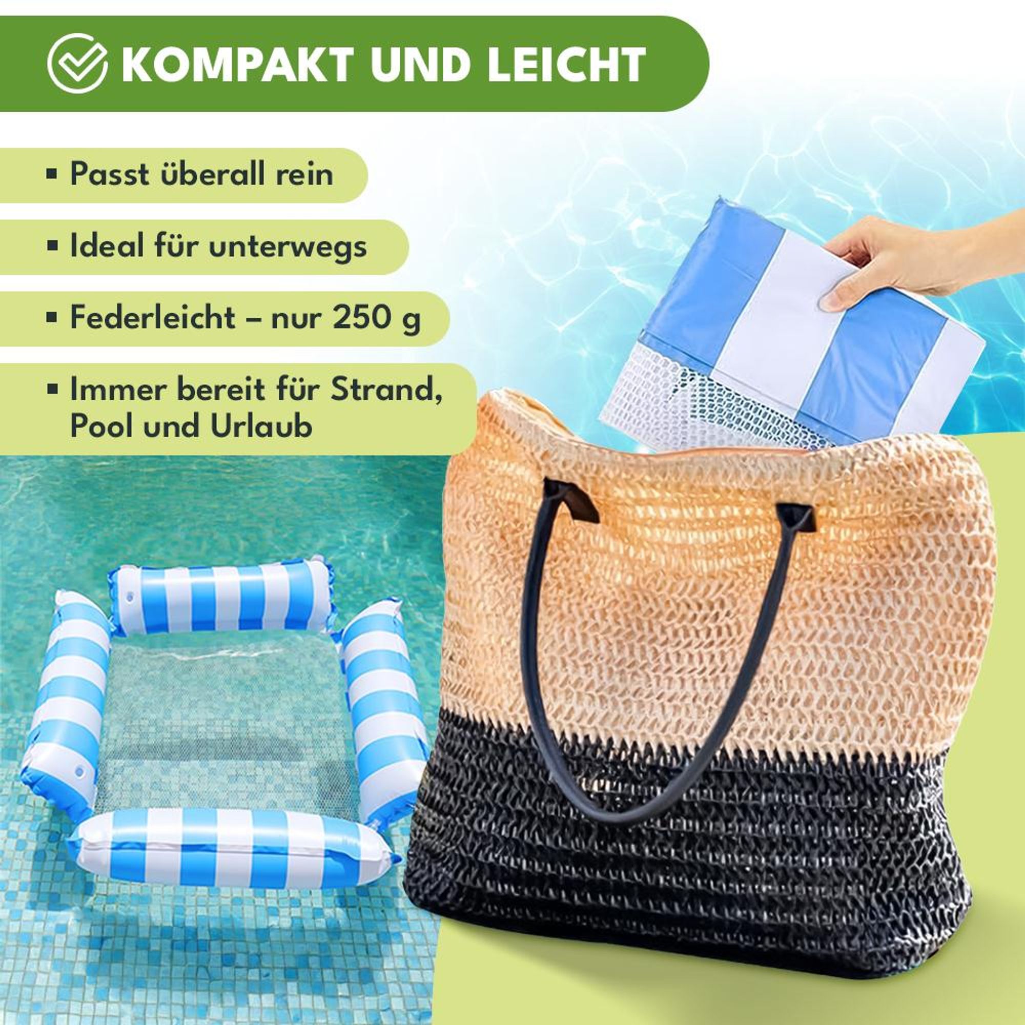 KRUMAD Wasserhängematte Aufblasbar 107x107 cm, Schwimmnetz mit Kopfstütze, Poolmatte für Erwachsene, Liege Wassermatratze Weiß-Blau