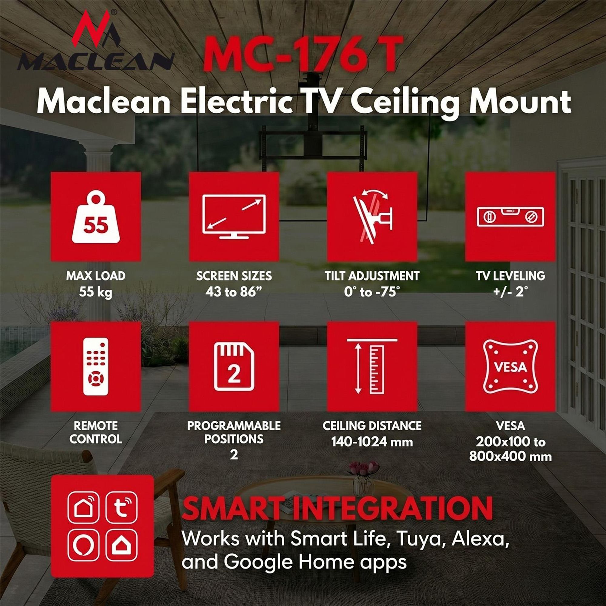 Maclean elektrische TV-Halterung Deckenmontage Tuya-kompatibel max. VESA 800x400 für Fernseher von 43 bis 86" max. 55 kg MC-176 T