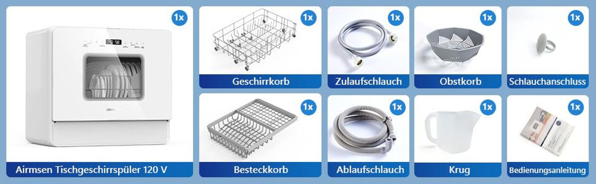 AIRMSEN Mini Geschirrspüler ,Geschirrspülmaschine mit mit 7Programe für 6Gedecke, Wasserenthärtungssystem, funktioniert mit/ohne Wasseranschluss