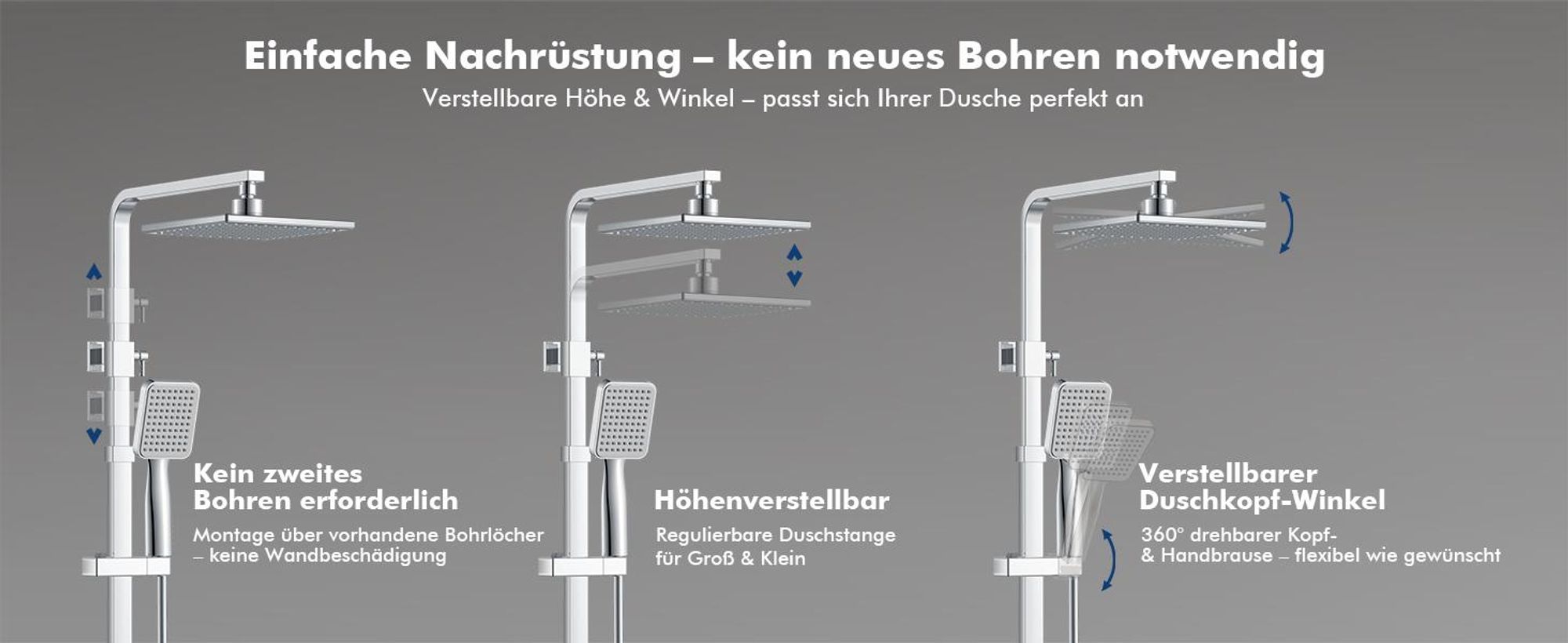 Homelody Duschsystem ohne Armatur Regendusche Duschset ohne Thermostat mit Kopfbrause Handbrause Umsteller eckig Duschsäule für Badezimmer, chrom