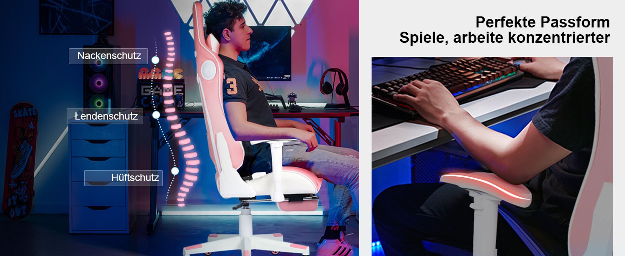 GTPLAYER Gaming Chair »Welt-limitierte Auflage 890MF Patentierter Bluetooth-Lautsprecher-Gaming-Stuhl«, Bürostuhl inkl. Lenden- und Nackenkissen, Ausziehbare Fußablage, Ergonomischer Schreibtischstuhl Pink