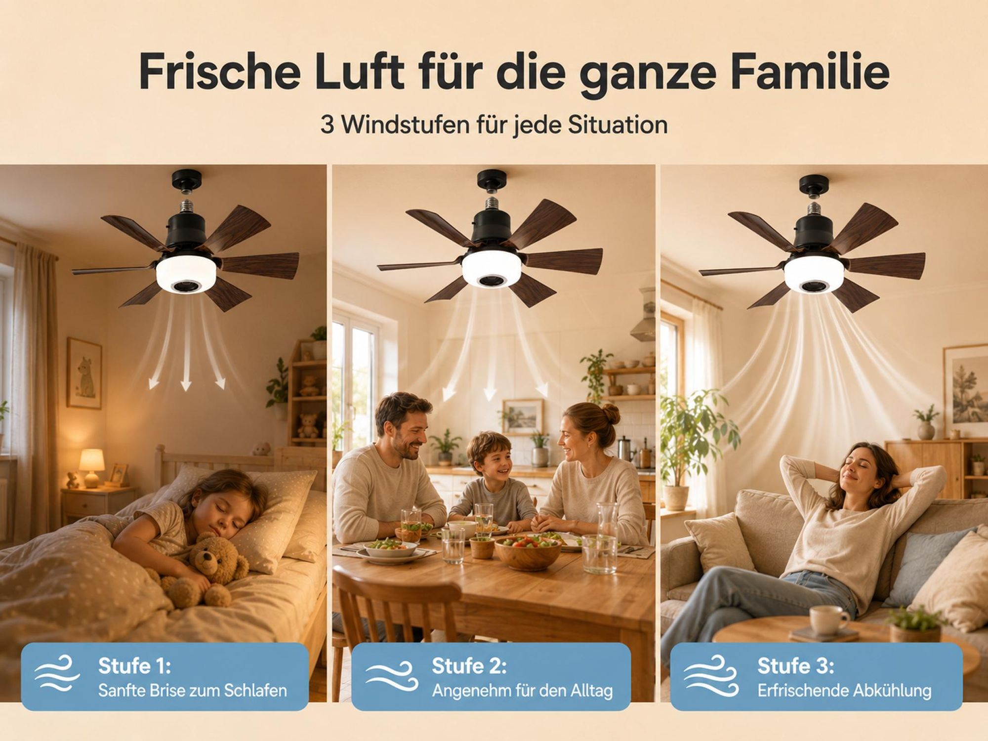 52CM LED Deckenventilator mit Beleuchtung E27 RGB Musik Lüfter mit APP Fernbedienung 40W Brushless Motor leise 6 Höhen & Neigbarer Kopf