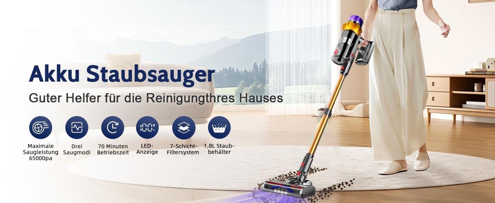 Akku Staubsauger, 65000Pa / 550W / 50Mins Staubsauger Kabellos mit Smart Display, Staubsauger mit Anti-Verhedderung-Bürste, drei Gänge, 1.2L