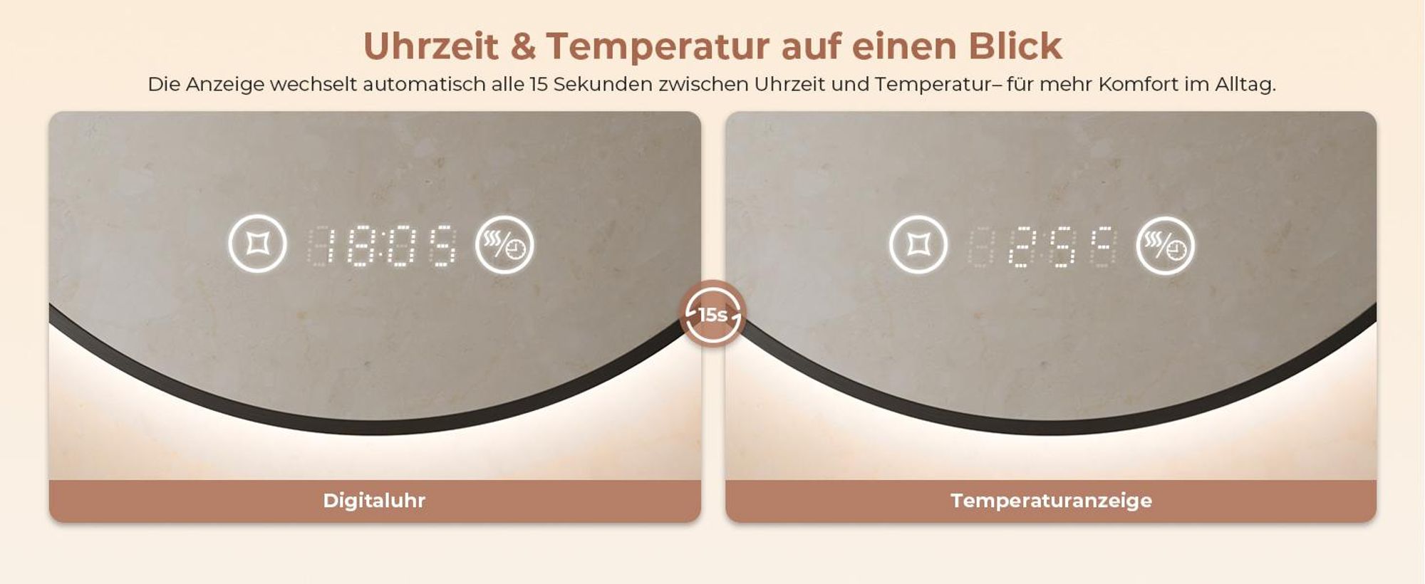 S'AFIELINA Badspiegel mit Beleuchtung Rund 60 cm Diameter,LED Badspiegel mit Touch, Beschlagfrei, Dimmbar, Uhr, Temperatur, Speicherfunktion,Schwarzer