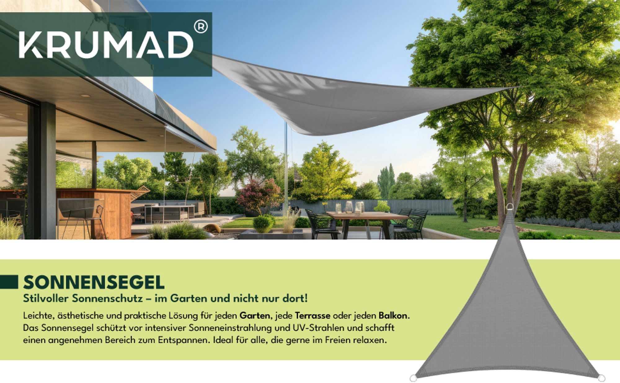 KRUMAD Sonnensegel Dreieck 4x4 m Grau Sonnenschutz Wasserabweisendes UV Wetterfest mit Befestigungsseilen