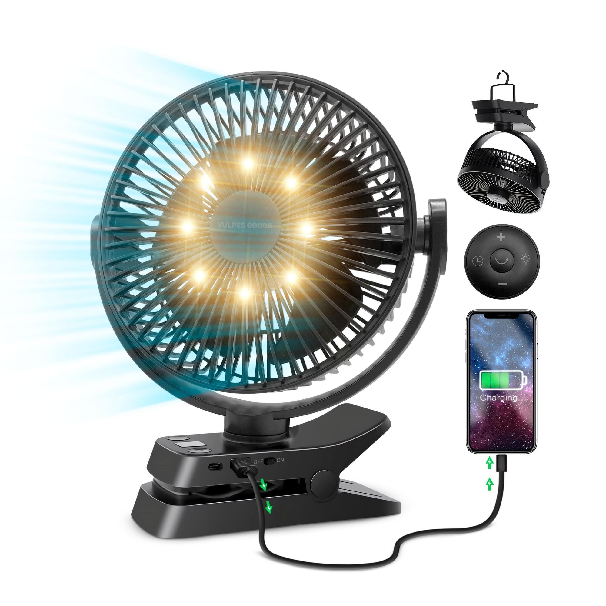 Vulpes Goods Tischventilator, wiederaufladbar und kabellos, leiser Ventilator mit Fernbedienung, 5 Geschwindigkeiten, Beleuchtung & Powerbank-Funktion