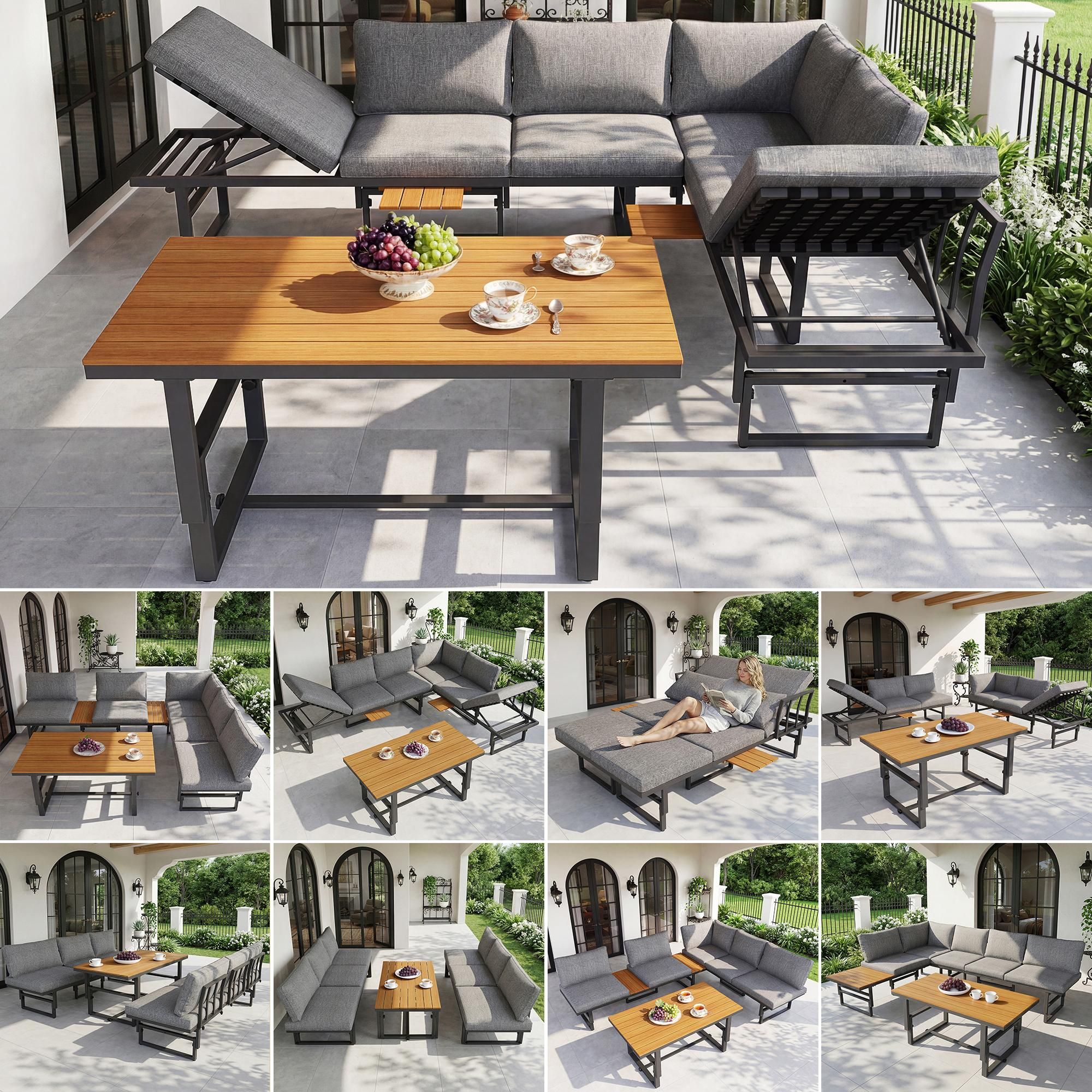 Flieks Gartenmöbel Set 6 Personen, Verstellbar Gartensofa mit Gartentisch, Gartenlounge Set 3-tlg, Terassenmöbel Balkonmöbel Loungemöbel Set, Grau