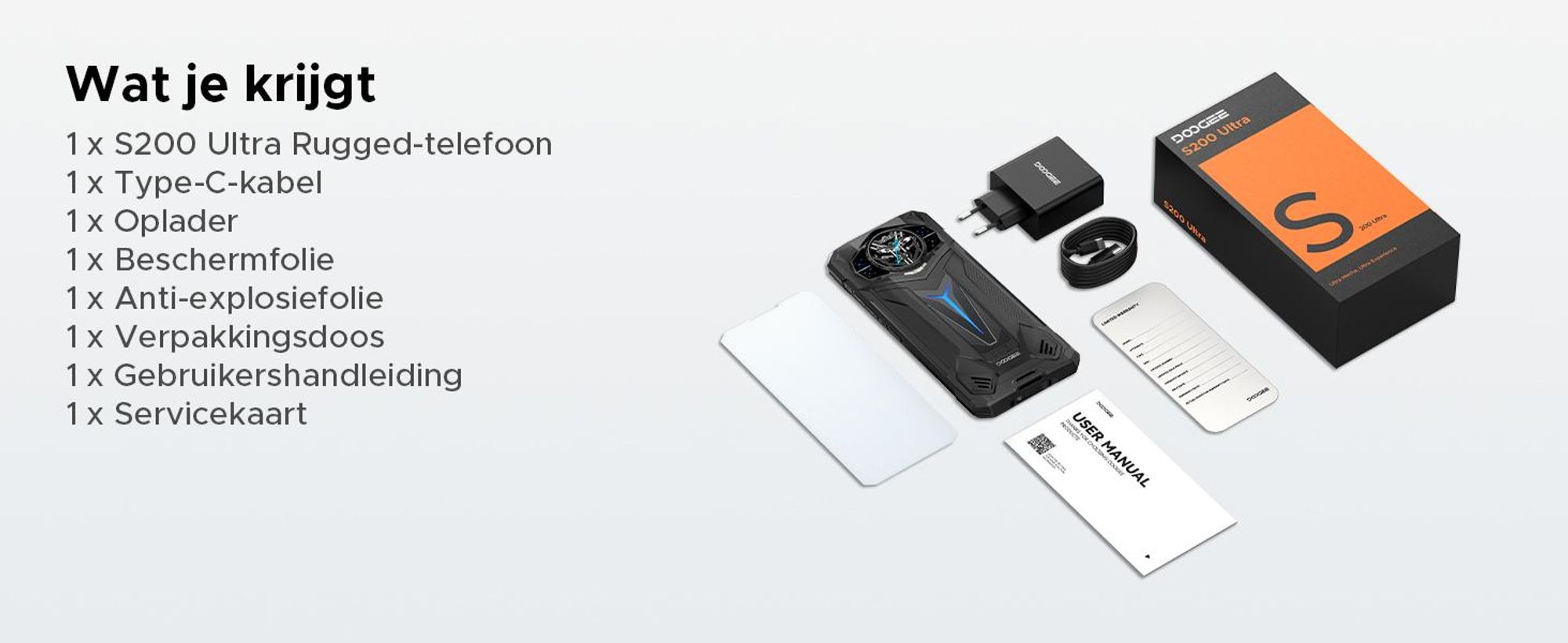 DOOGEE S200 Ultra robuuste smartphone, 5G, IP68/IP69K, 6,72" 120Hz, 1,32" AMOLED-scherm, 11000mAh batterij, 66W opladen, 48GB+1TB opslag, 100MP camera