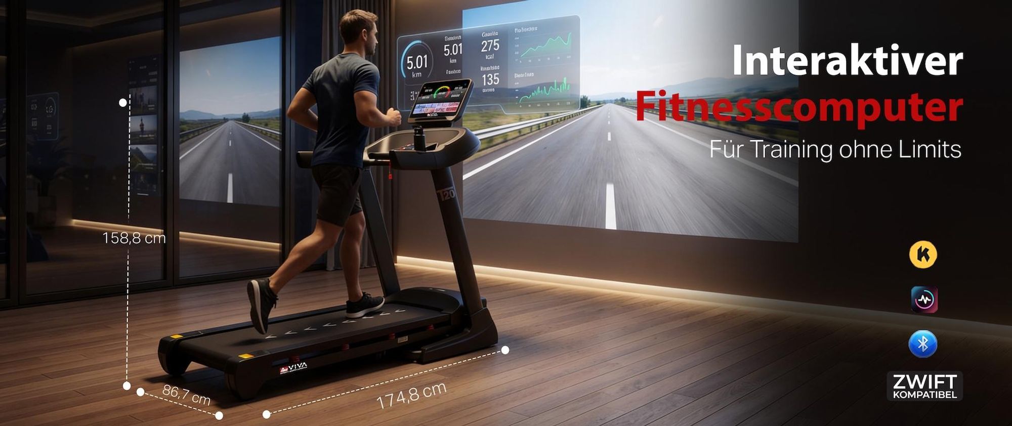 Laufband klappbar AsVIVA T20 Heimtrainer bis 18 km/h leise stabil mit großer Lauffläche App-kompatibel für Zuhause