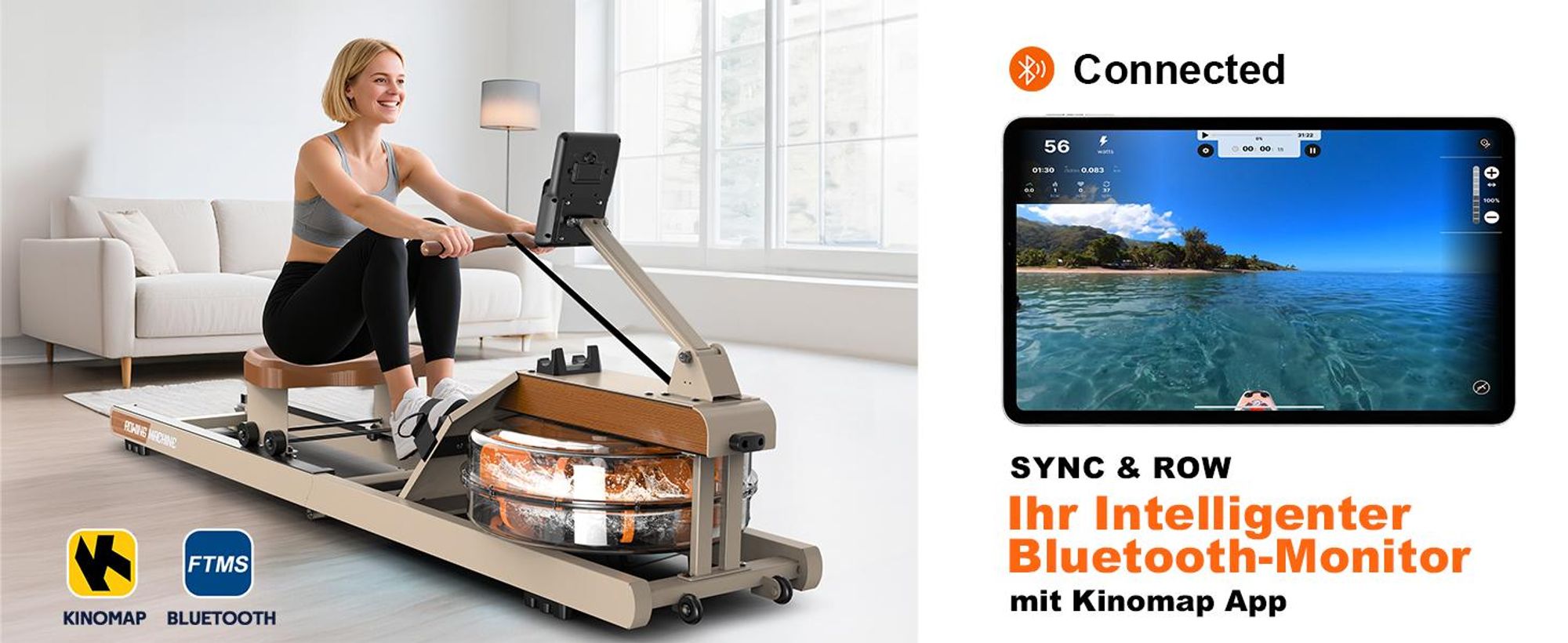 VOWVIT Wasserrudergerät klappbar, Bluetooth-Display, immersiv, 98% vormontiert, 160 kg