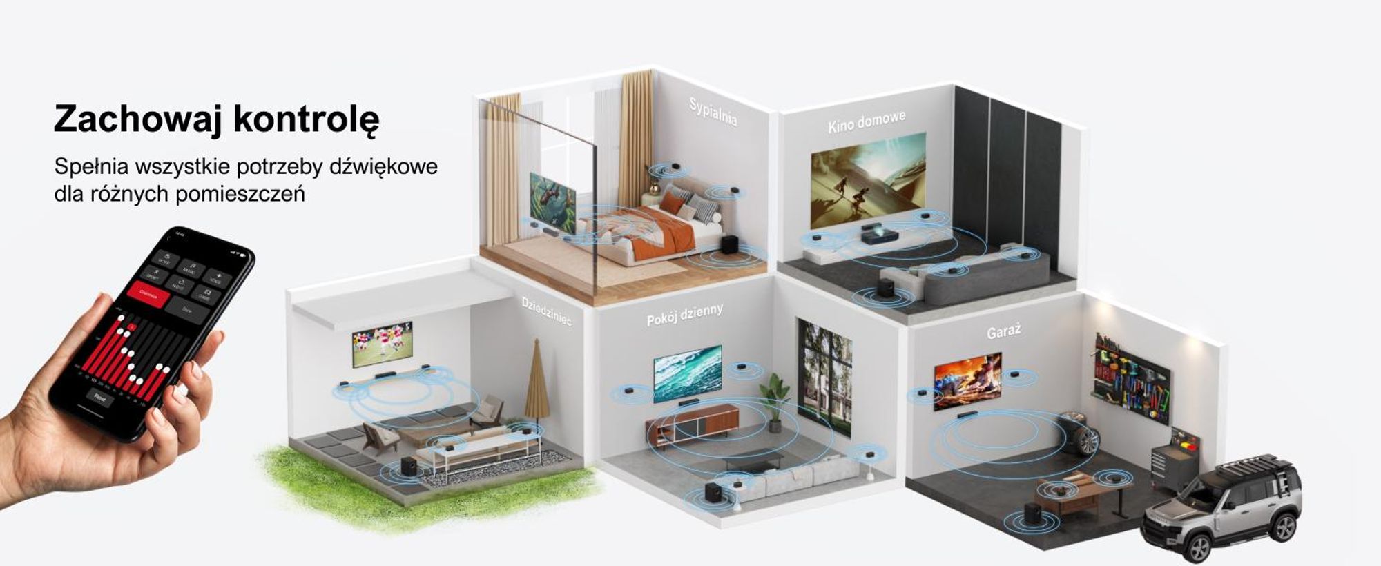 Wirtualny system dźwięku przestrzennego ULTIMEA 7.1 do telewizora, moc szczytowa 410 W, soundbar z regulowanym subwooferem i głośnikiem surround, sterowanie za pomocą aplikacji