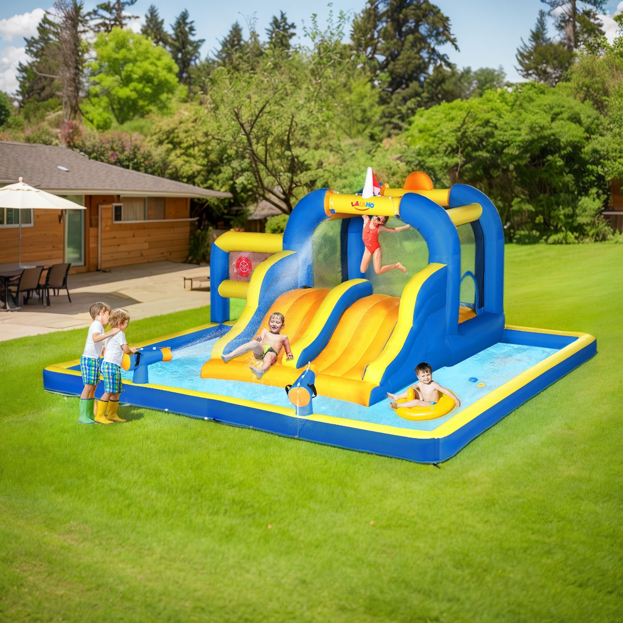 FCH Aufblasbare Hüpfburg mit Gebläse,Wasserrutsche aufblasbar Spielpool Wasserspielcenter Wasserpark, 470 x 472 x 225 cm