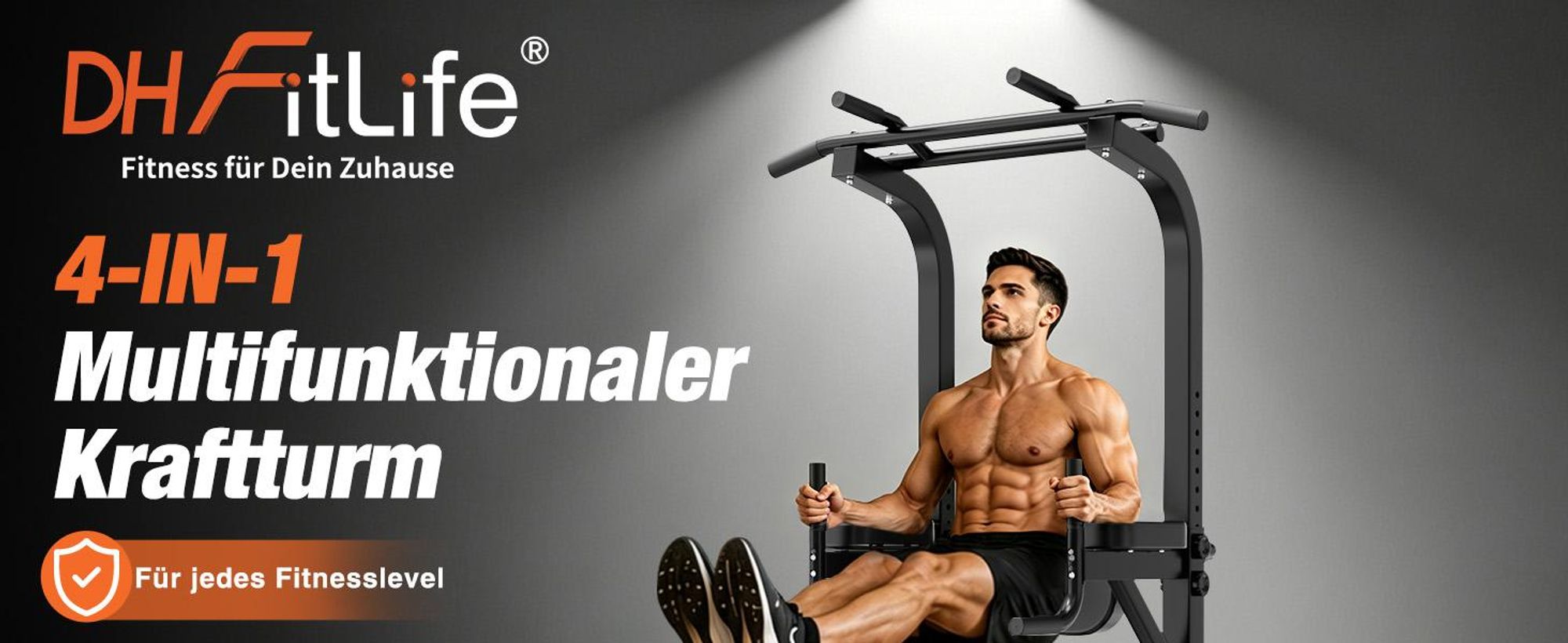 DH FitLife Premium Power Tower, Klimmzugstation mit Dip Station, 10-fach höhenverstellbar 185–222 cm, 50×50 mm Stahlprofil, Kraftstation für Home Gym