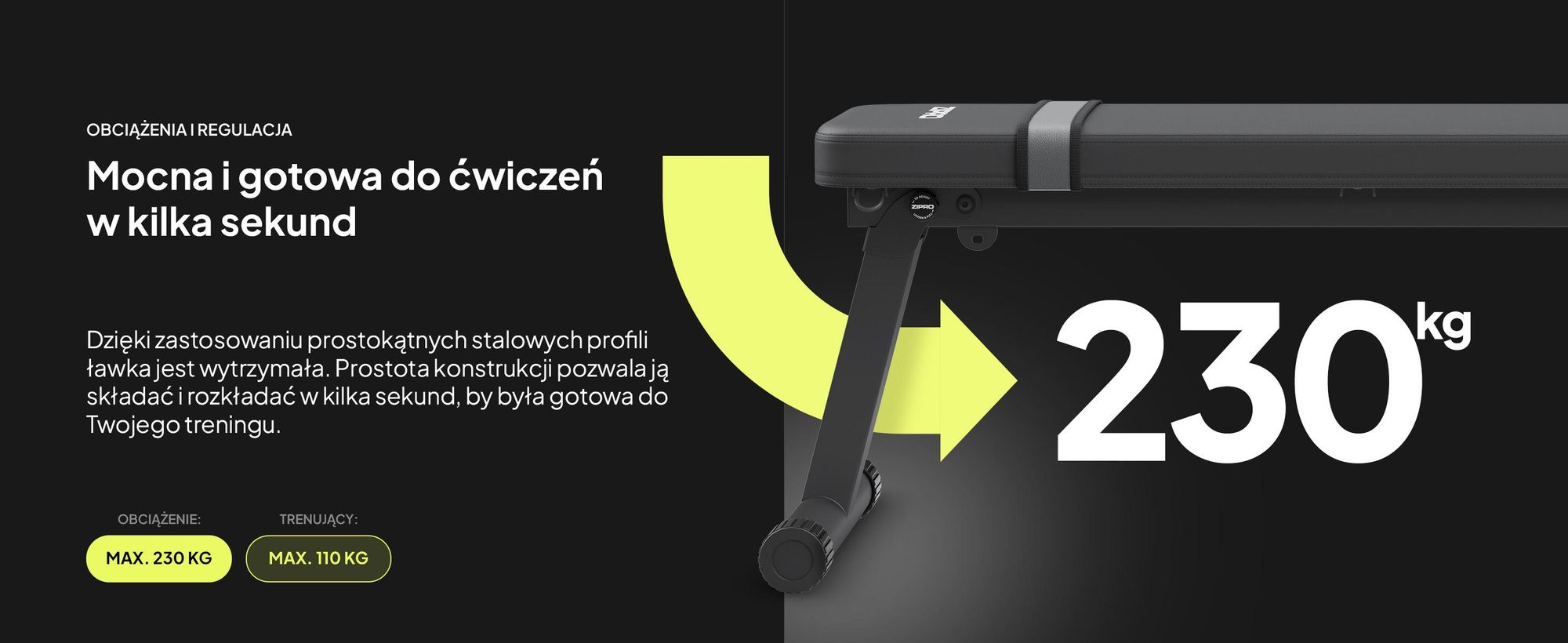 Ławka do ćwiczeń Zipro Flat Plank – składana ławka fitness do użytku domowego, ultrakompaktowa, z uchwytem do przenoszenia, wytrzymałość do 230 kg, ławka treningowa do ćwiczeń z hantlami i biodrami