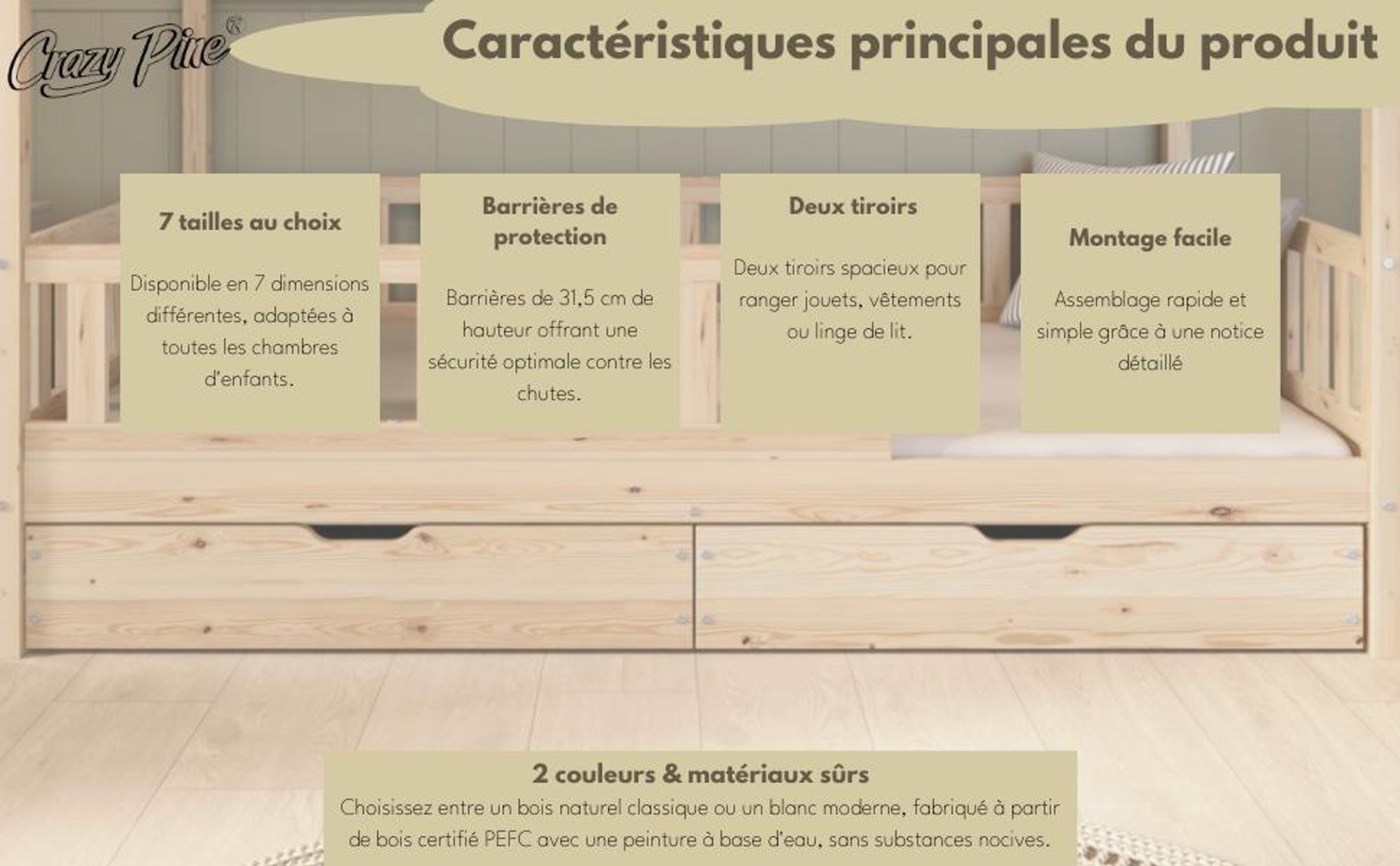 Crazy Pine Lit cabane avec tiroirs 80x160 cm - Lit d'enfant en bois naturel - Lit au sol avec espace de rangement et barrière amovible - Crazy House