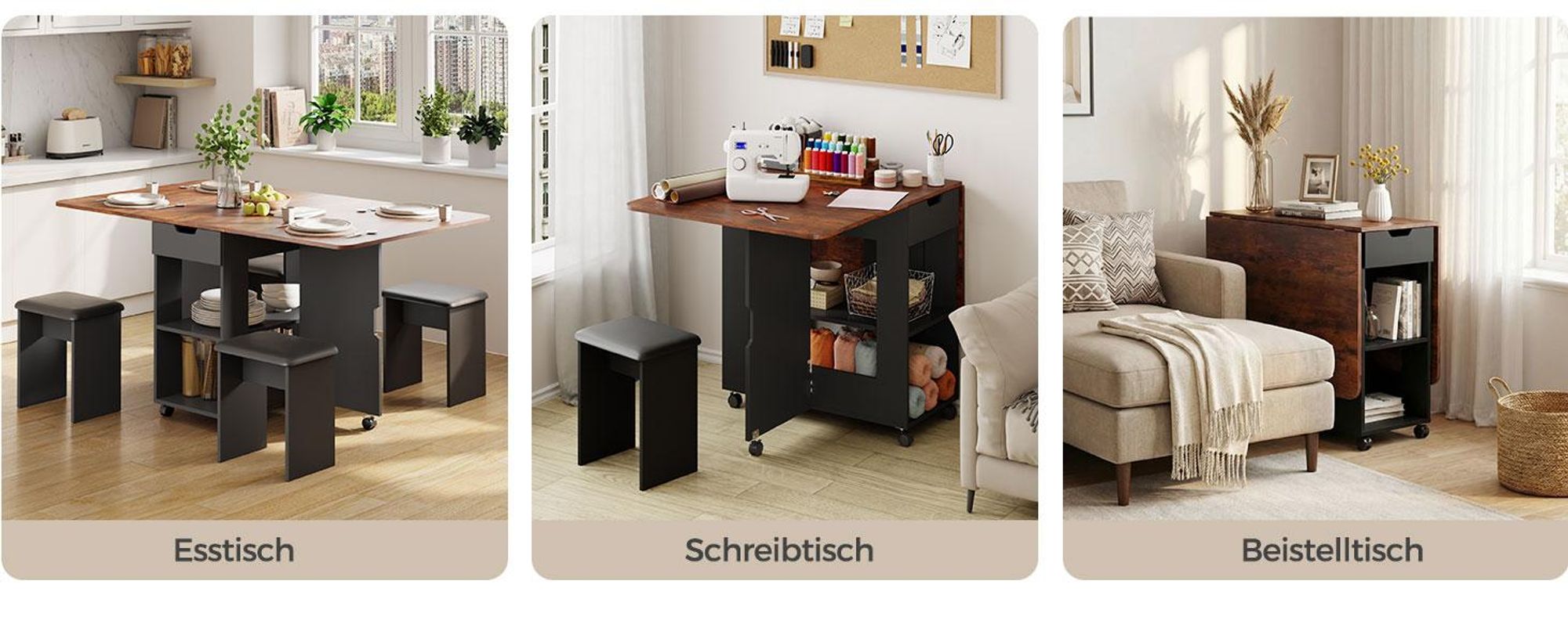 Mondeer Essgruppe Klapp-Essgruppe mit 4 Polsterhocker – Platzsparend, Rollen, 2 Schubladen & Ablageflächen 140x80 cm Braun und Schwarz