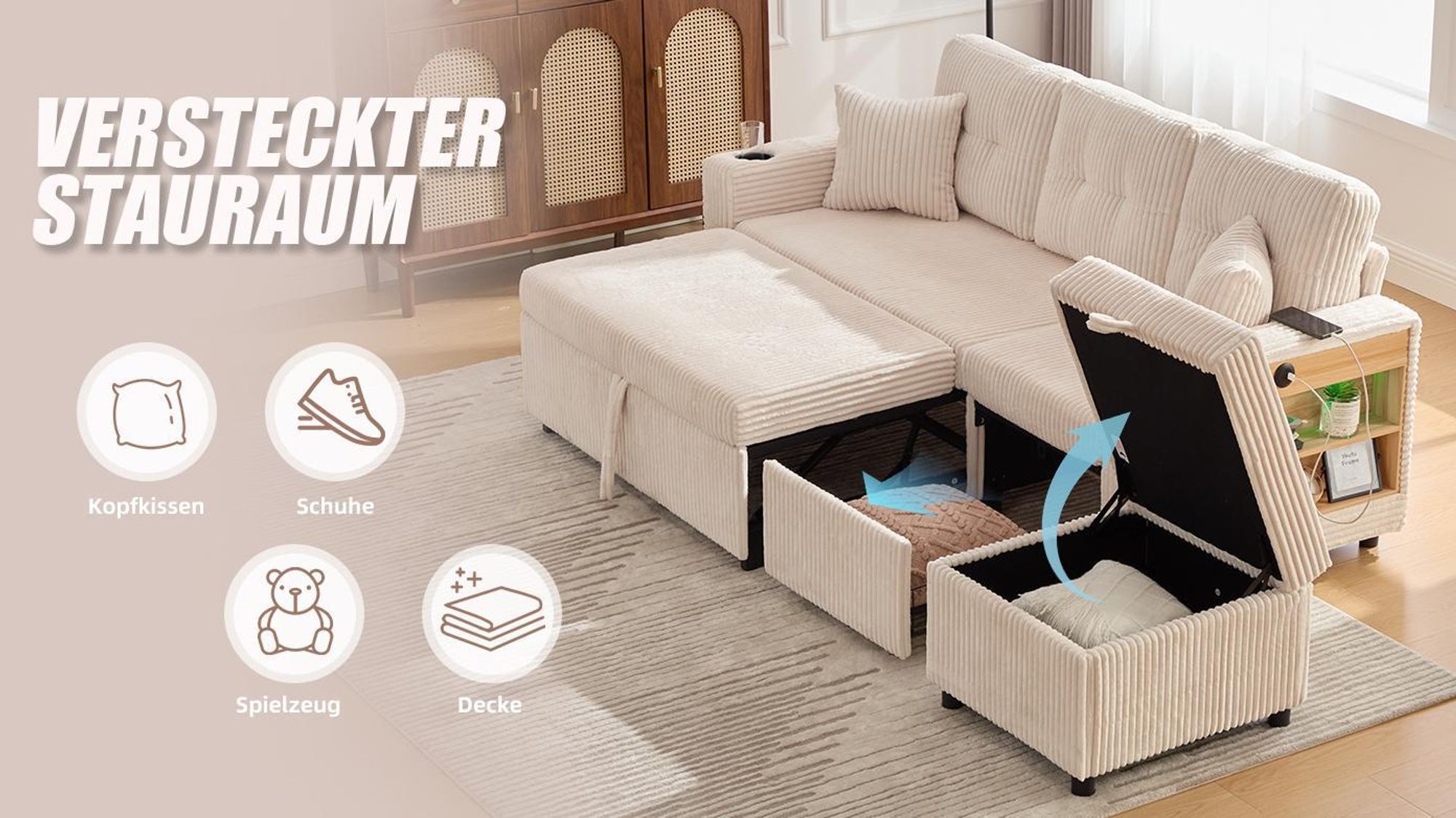 LVHOM Schlafsofa 3 in 1 mit USB und LED, 3 Sitzer Sofa mit Schlaffunktion, Sofabett mit Regal, Modulares Sofa mit Ottomane, Cordstoff, Dunkelgrau