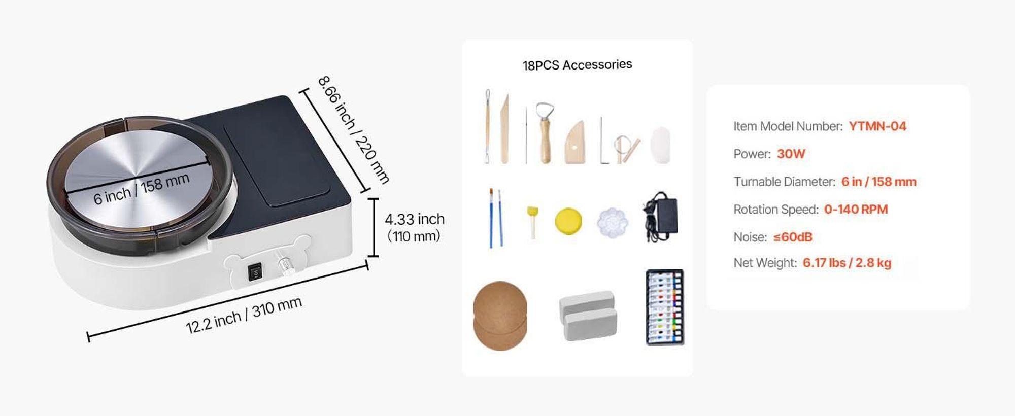 VEVOR Mini Töpferscheibe Maschine 158 mm Drehteller mit einstellbarer Rotationsgeschwindigkeit, elektrische Tonscheibe mit Tonformungswerkzeugen, geeignet für Heimwerken Töpferkurse, Weiß