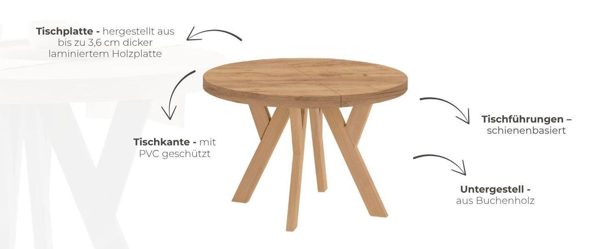 Runder Ausziehbarer Tisch für Esszimmer, PERO, Loft-Stil, Skandinavische, Durchmesser: 120 / 220 cm, Farbe: Weiß / Buche Natur