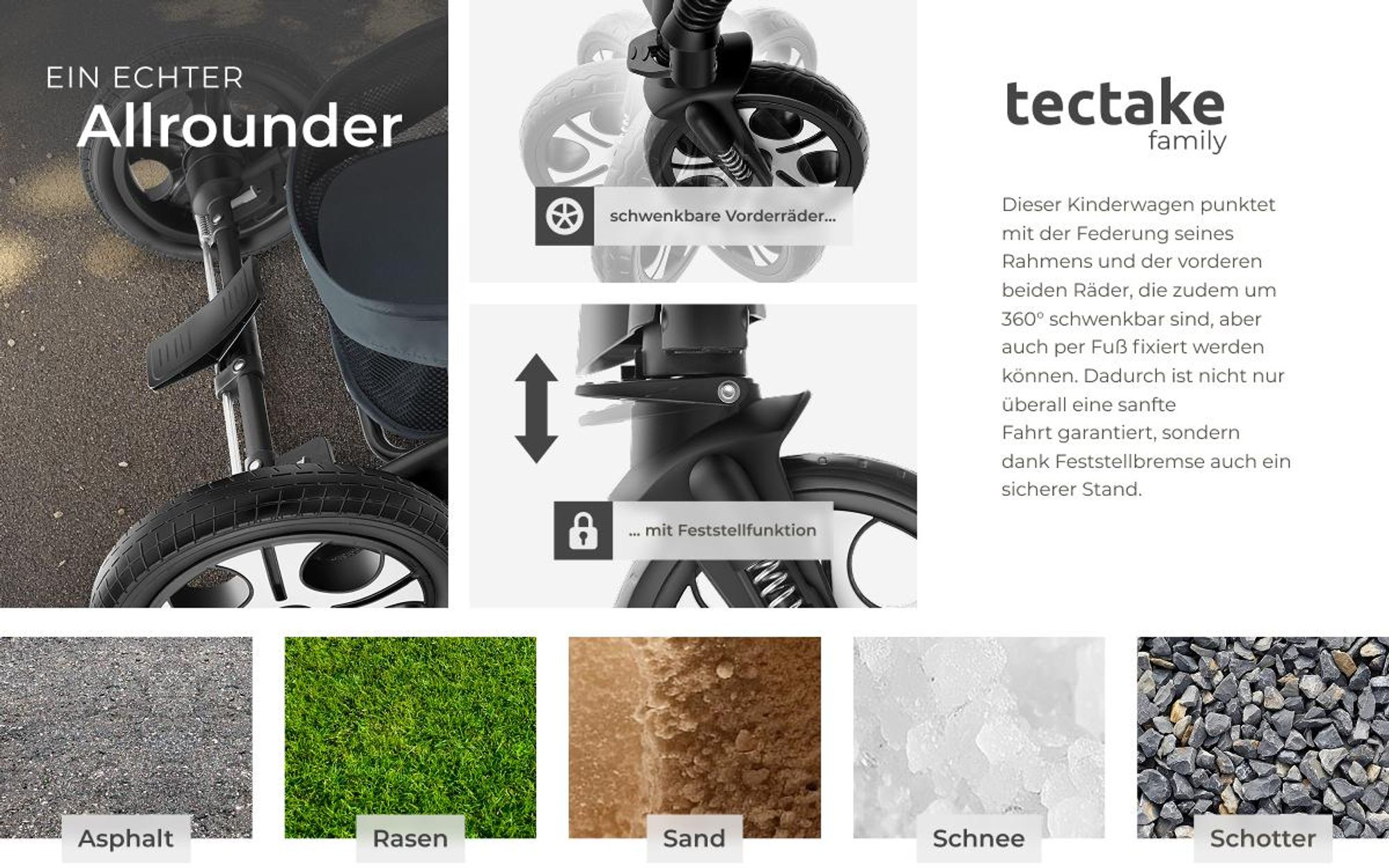 tectake® Kombi-Kinderwagen Mats 2 in 1, klappbar, mit 5-Punkt-Gurt, Bremse, Schutzbügel und Handschlaufe für 0 bis 36 Monate geeignet, Belastbarkeit 15 kg