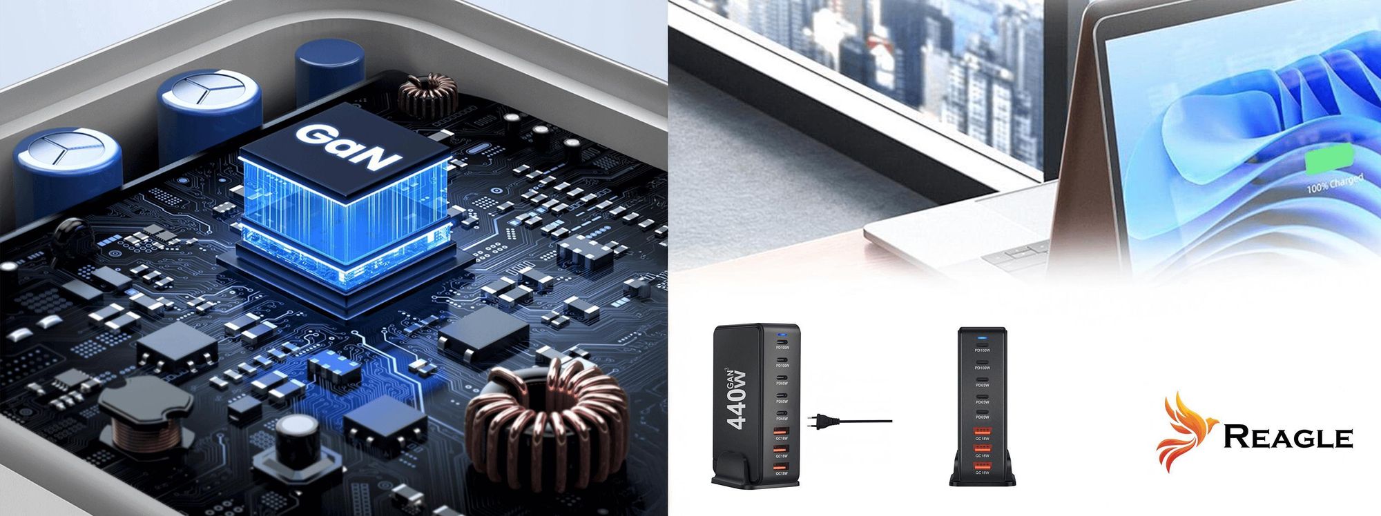 440W GaN III Ladestation 8 Ports 2x USB C PD 100W 3x 65W USB A QC 3.0 Schnellladegerät für Gaming Laptop MacBook Smartphone Tablet PC Schwarz