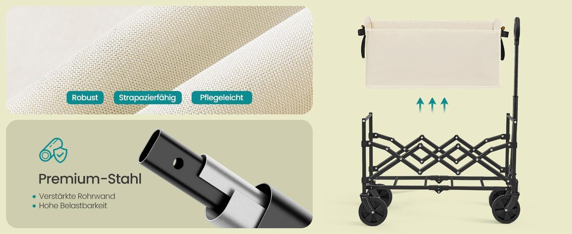 SONGMICS Faltbarer Bollerwagen, Transportwagen mit Griff, 4 verstärkte Rollen, 150 L, Outdoor, bis 150 kg, Garten, dunkelgrau