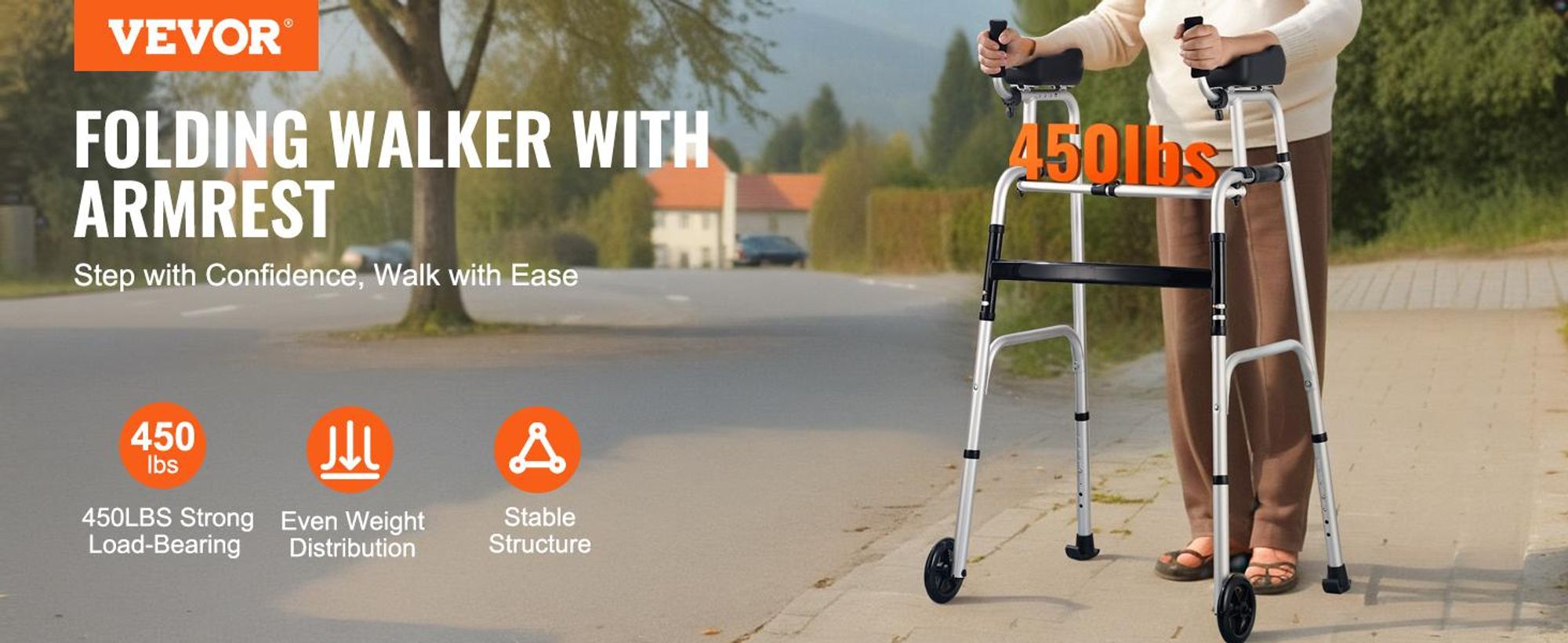 VEVOR 2 in 1 Faltgehhilfe & Abnehmbare Armlehnen, Höhenverstellbare Faltgehhilfe mit 5" Soliden Rädern, Leichtes Aluminium | Mobilitätshilfe mit Vorderrädern für ältere Menschen, Behinderte, 450 Pfund