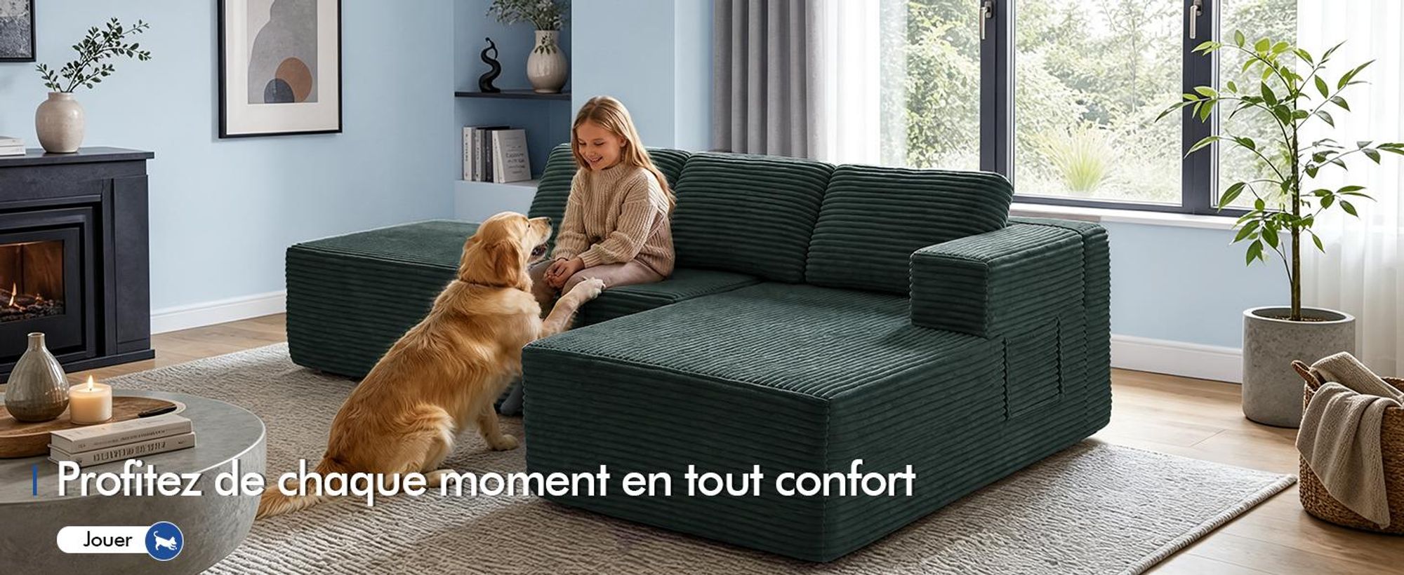 Canapé d'angle COMHOMA avec fonction convertible, 228 cm, en velours côtelé. Canapé modulaire sans structure visible, avec chaise longue et structure métallique pour le dossier. Canapé d'angle convertible avec ouverture