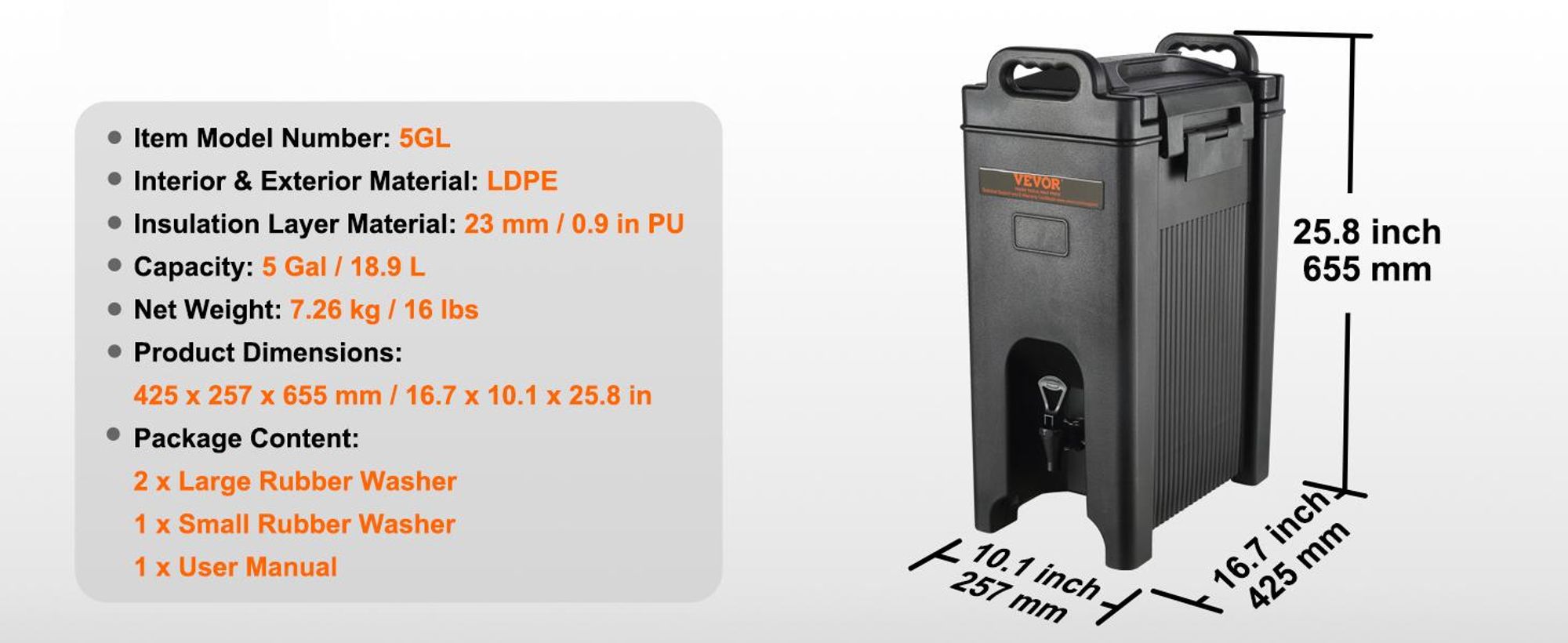 VEVOR Isolierter Getränkespender, 9,5 L, Lebensmittelgeeignetes LDPE Heiß- und Kaltgetränke-Server, Thermo-Getränkespender-Kühler mit 2,3 cm PolyurethanSchicht Zwei-Stufen-Hahngriff, für Restaurant-Getränkeshop, 19 L