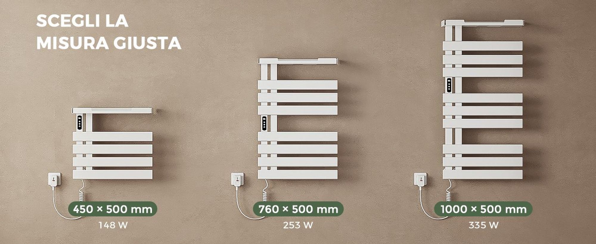 S'AFIELINA Scaldasalviette Elettrico con Ripiano 1050×500 mm 335 W Bianco,Termoarredo WiFi, Riscaldamento in Fibra di Carbonio, 6 Modalità