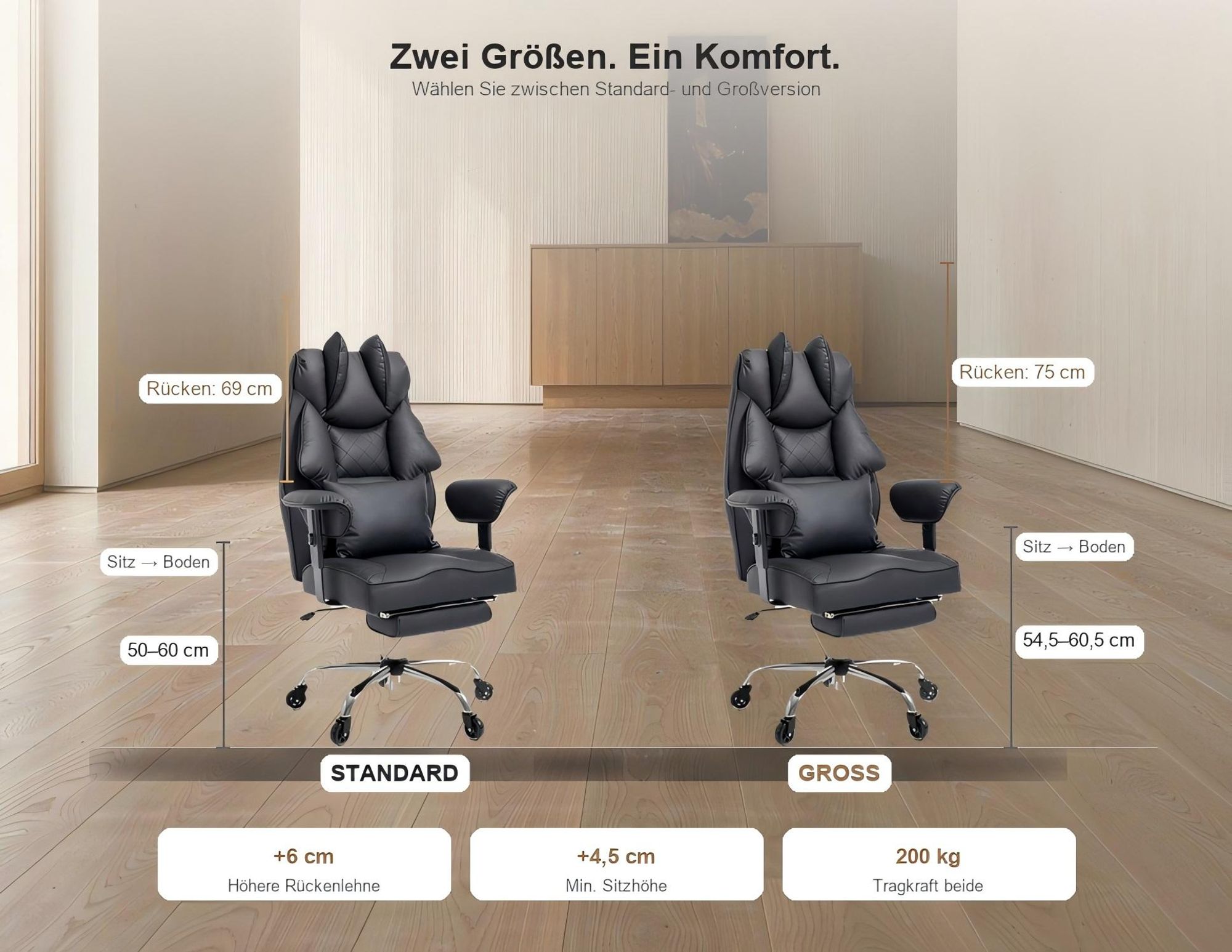 HAPPYHOME XXL Ergonomischer Bürostuhl bis 200 kg belastbar, Gaming stuhl mit Fußstütze und Lendenkissen, extra breiter Schreibtischstuhl