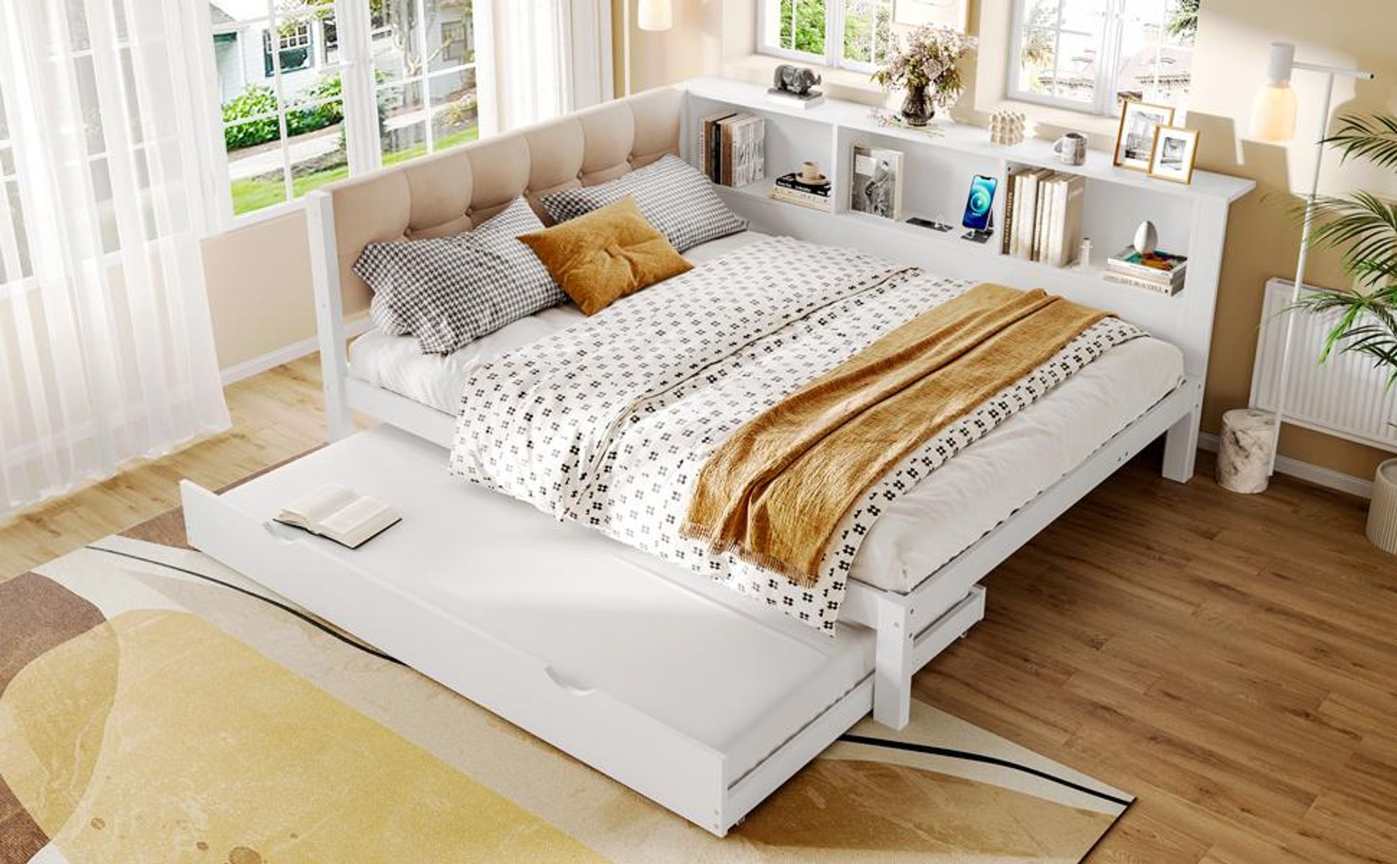 Merax Tagesbett Kinderbett 140x200cm, mit Ausziehbett, LED-Beleuchtung, Regal, USB-Anschluss, Rückenlehne, Kiefernholz Schlafsofa, Daybett, Weiß