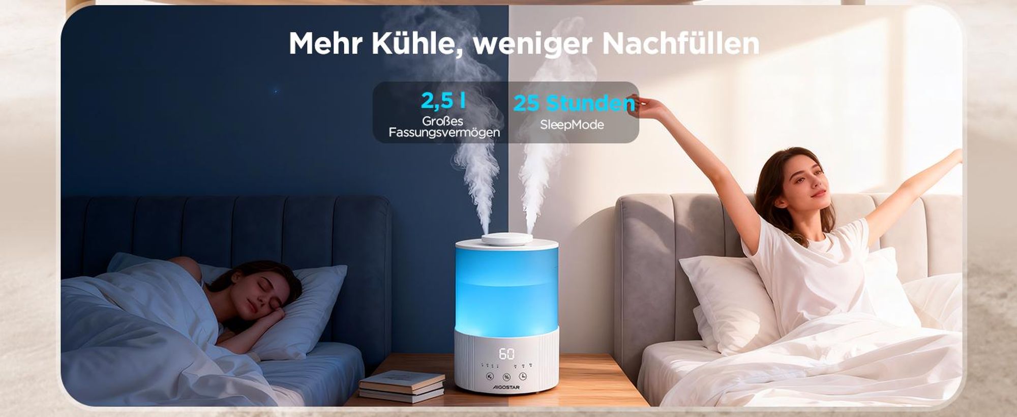 Aigostar - für Schlafzimmer Leise individuelle Luftfeuchtigkeit 7 Farblichter