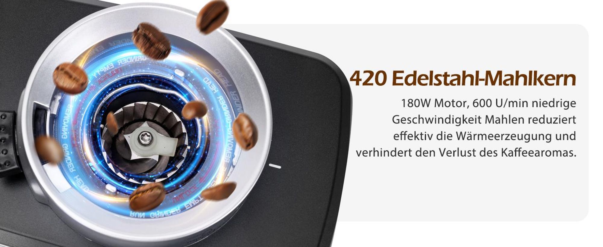 Aigostar Kaffeemühle Kegelmahlwerk Geeignet für Espresso mit 52 Mahleinstellungen, 180W , Kegelmahlwerk 320 g Bohnenbehälter Antistatisch