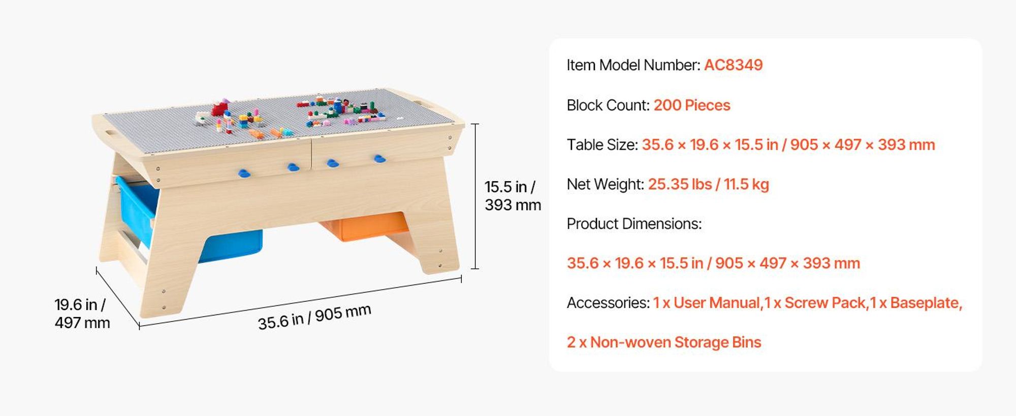 VEVOR Kindertisch 905 x 497 x 393 mm, Aktivitätstisch aus Holz, Mehrzweck-Spieltisch mit 200 Bausteinen und 3 Aufbewahrungsbehältern, Bausteintisch, Geschenk für Kinder ab 3 Jahren, Holzfarbe