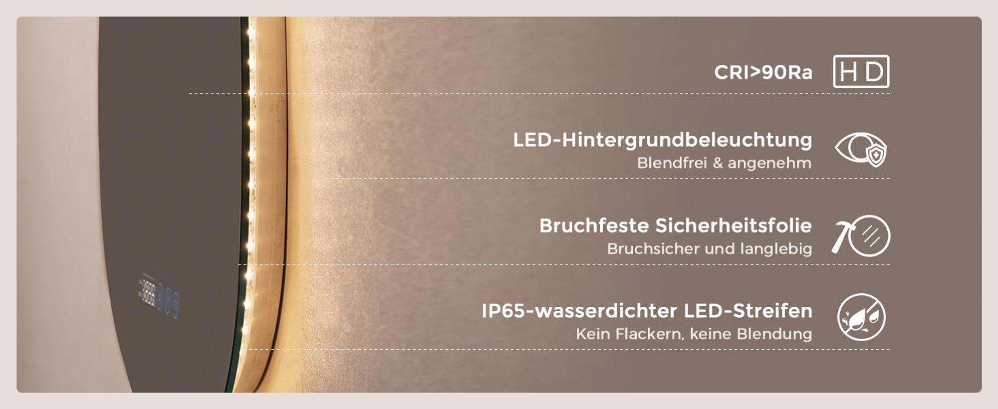 S'AFIELINA Badspiegel mit Beleuchtung Asymmetrisch 60 x 45 cm mit 3 Lichtfarben dimmbar, beschlagfrei, Bluetooth, Uhr, Temperatur, Speicherfunktion
