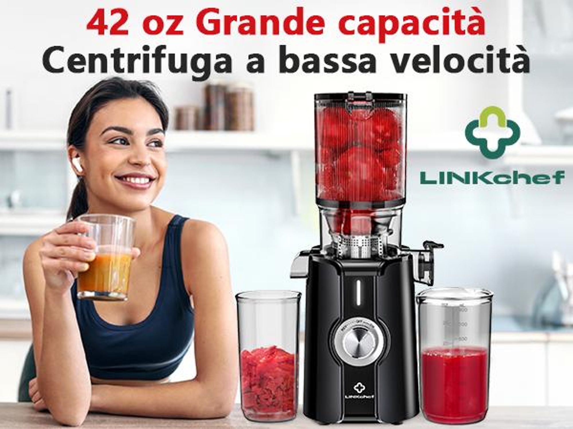 LINKChef SJ-051-EU-BL Lento Spremiagrumi -  Potenza 200W Ampia capacità 1.2L Doppi vassoi di alimentazione Facile da pulire - Nero